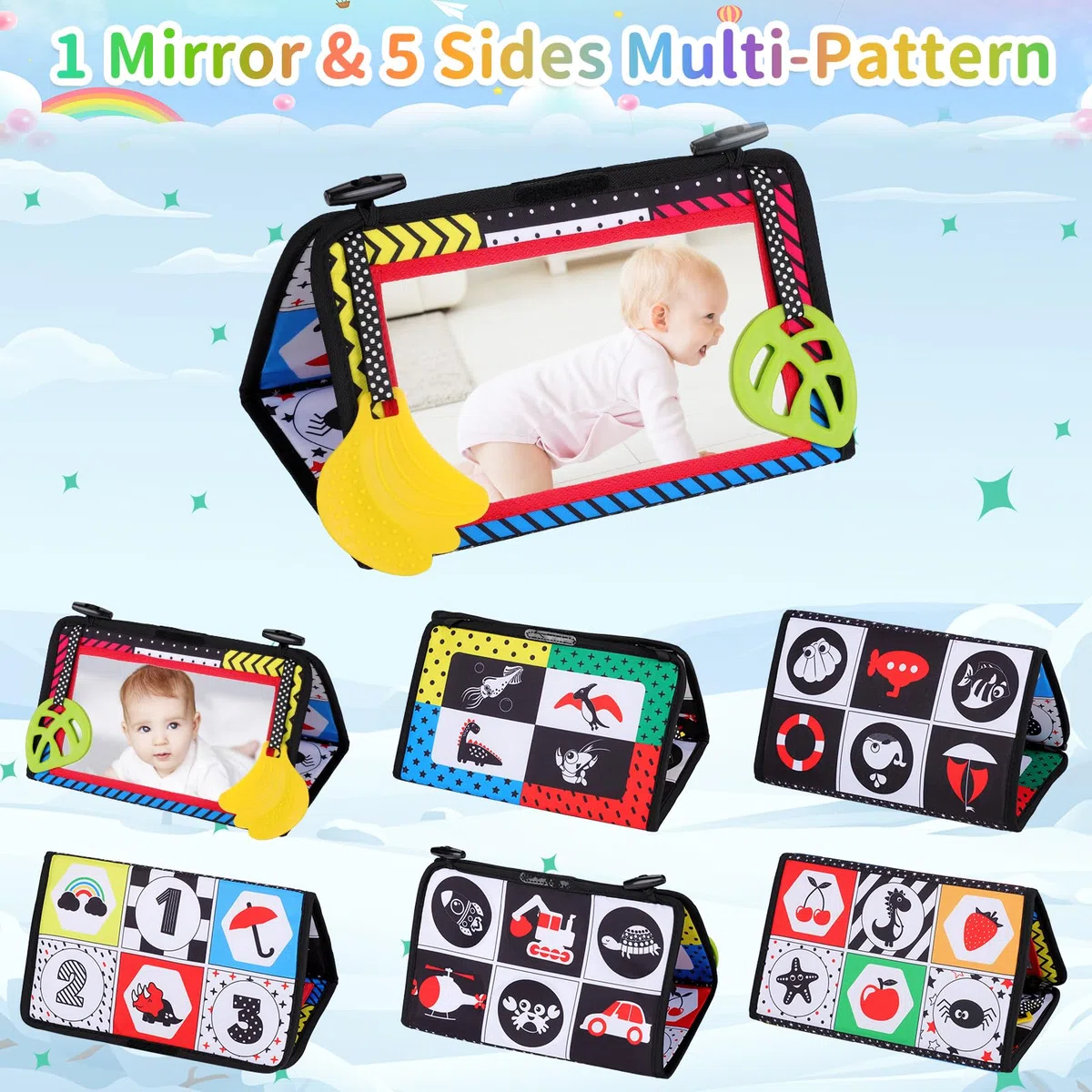 Libro Sensoriale Neonati con Specchi, Specchio Montessori Neonati Libri di Stoffa Tummy Time Neonato Specchio Neonato per Neonata Femmina & Maschio 0 3 6 12 Mesi, Numero