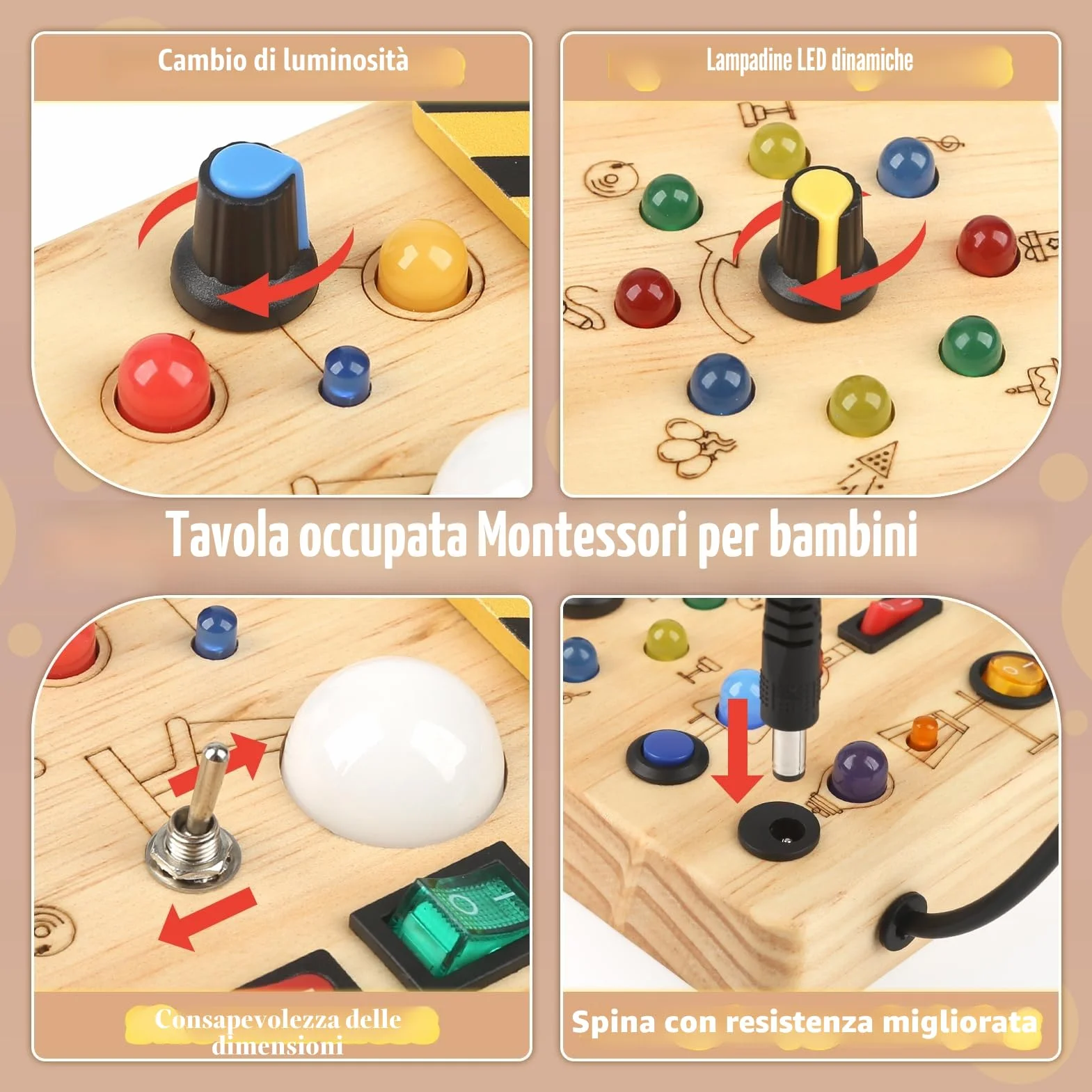 Joyreal Montessori Busy Board, Pannello Sensoriale Bambini Montessori in Legno con 19 LED, Giochi Educativi Regalo Bimbo 1 2 3 Anni, Tavolo Multiattivita Bambini