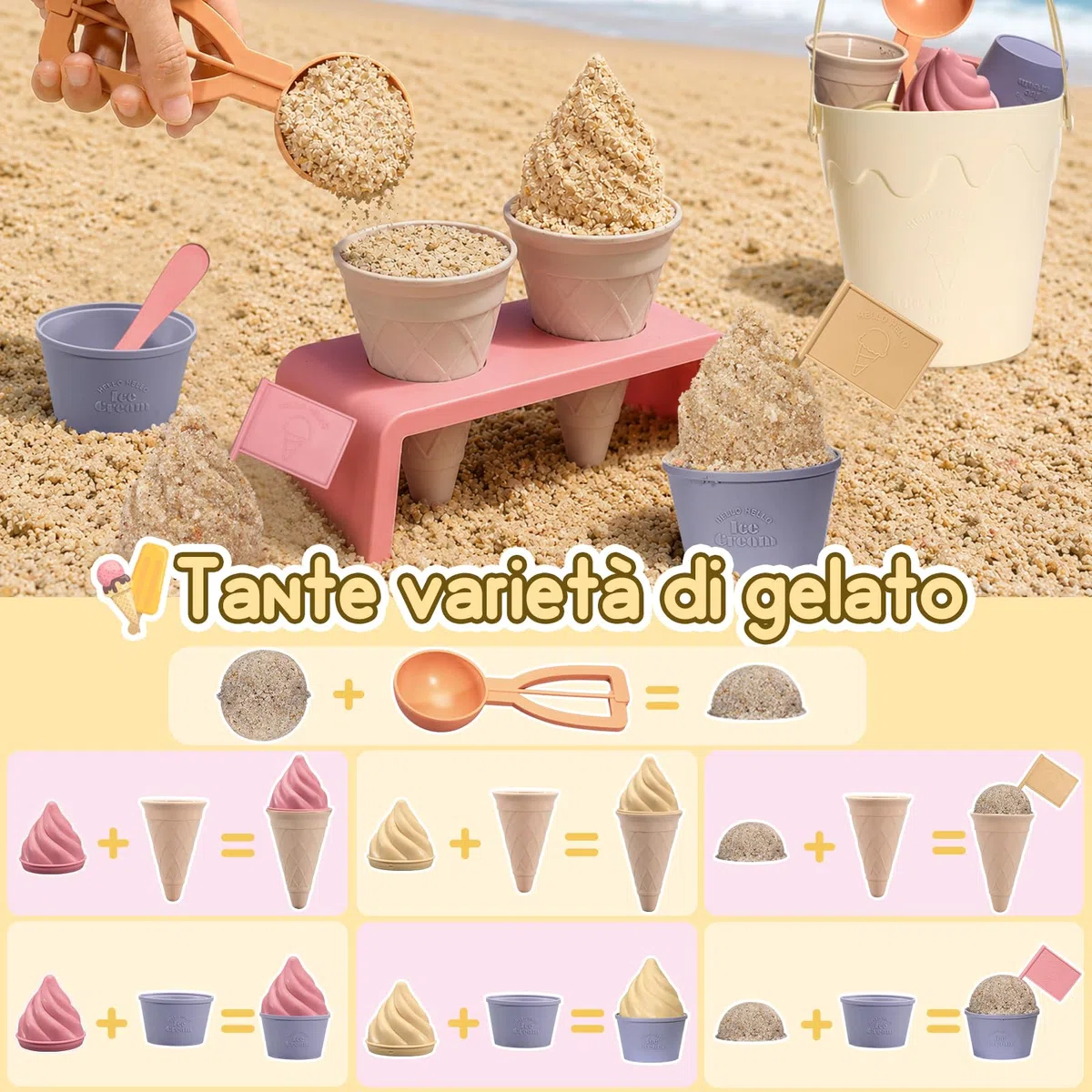 VBACALA Set Gelato Giocattolo da Spiaggia per Bambini, 13 Pezzi con Secchiello, Formine Sabbia e Accessori Gelateria, Giochi Mare e Giardino, Regalo Estate Bambini 3+ Anni