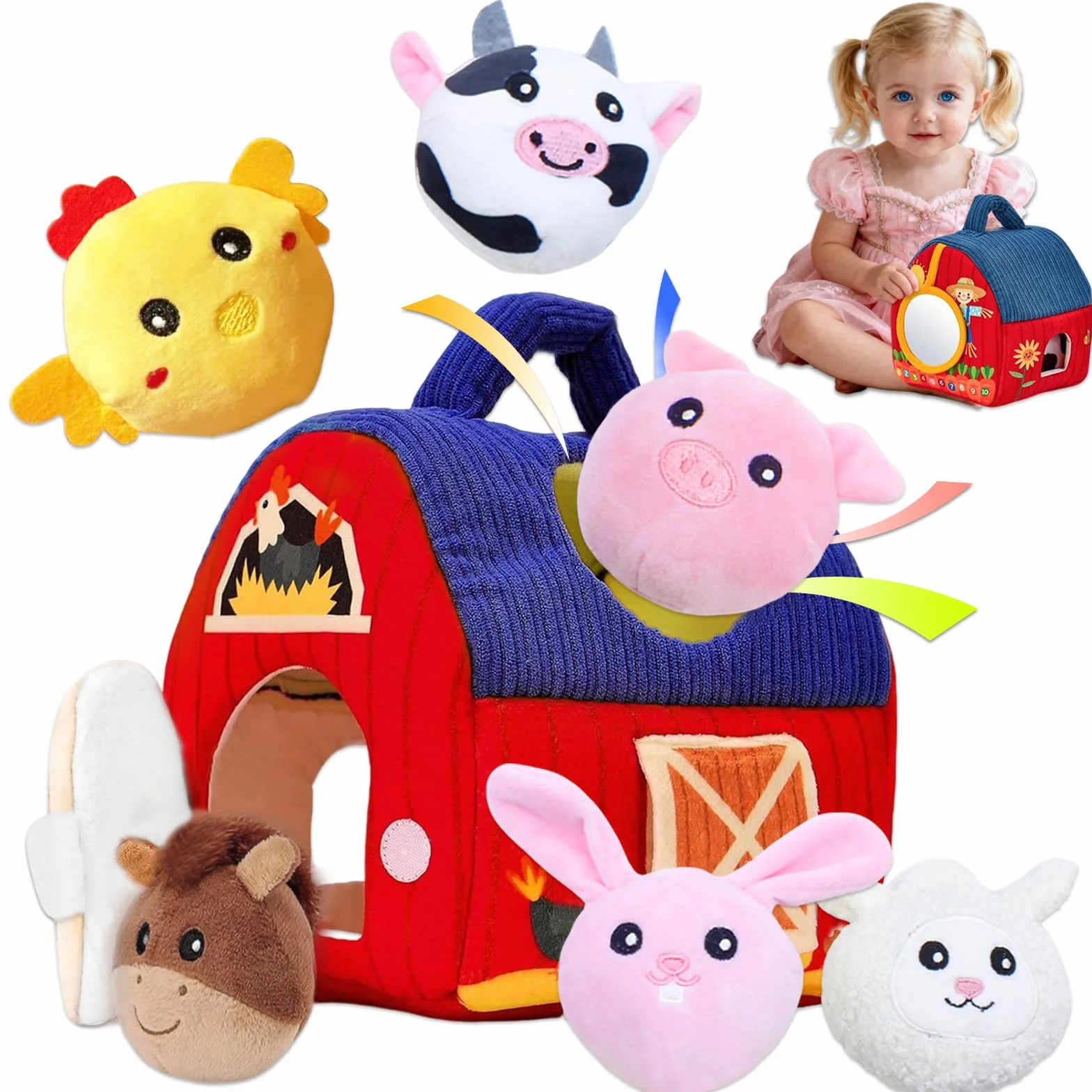 Giochi Bambino 6 Mesi Montessori, Casa Morbida Montessori 6-18 mesi Animali da Fattoria con Fienile, Sonaglio, Specchio, Gioco Bambino Sensoriale Regalo Bimbo Bimba 1 2 3 Anni