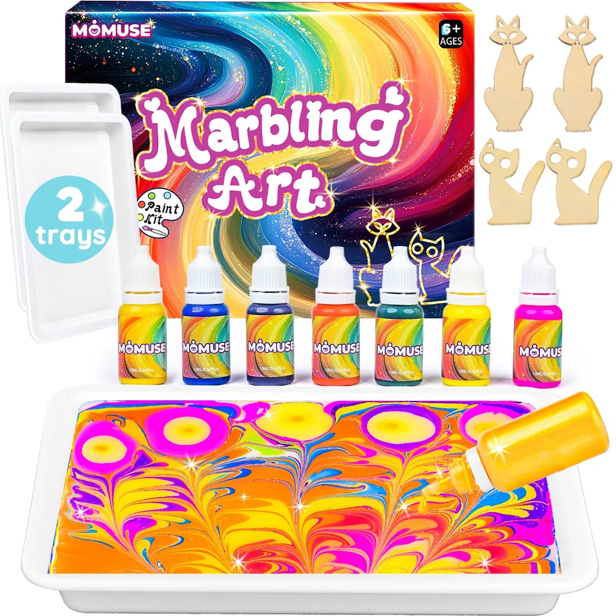 MOMUSE Kit di Pittura per Bambini con 2 Vassoi, Giochi Creativi Bambina 6 anni, Pittura Marmorizzata Pezzi di Legno a Forma di Gatto, Regalo Bambina Bambini 6 8 9 10 12 anni