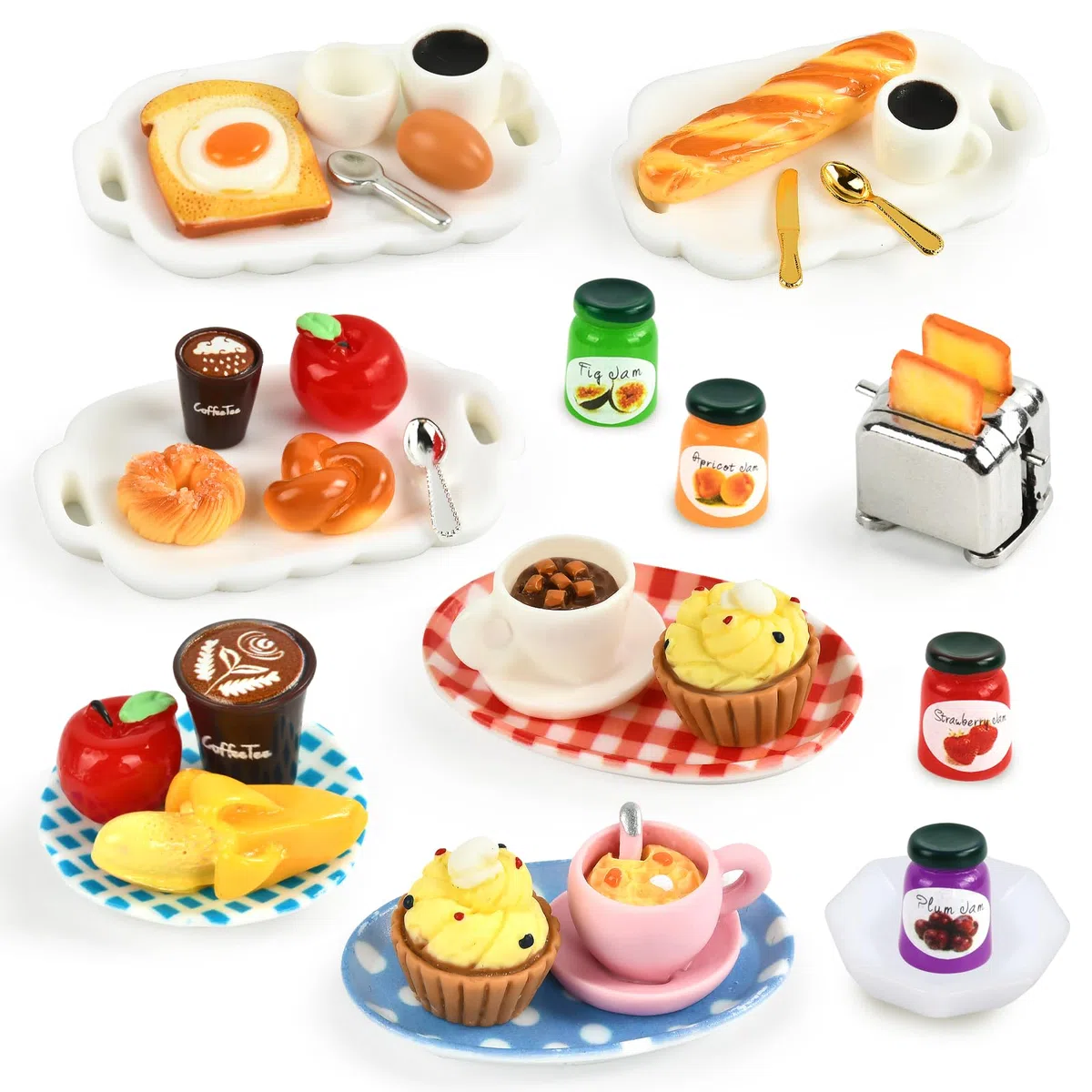 Cibo in Miniatura per Bambole, Miniatura Cibo e Bevande Miniatura, Alimenti in Miniatura, Mini Cibo Set, 1:12 Accessori da Cucina in Miniatura con Colazione in Miniatura Pane Uova Caffè Toast (B)