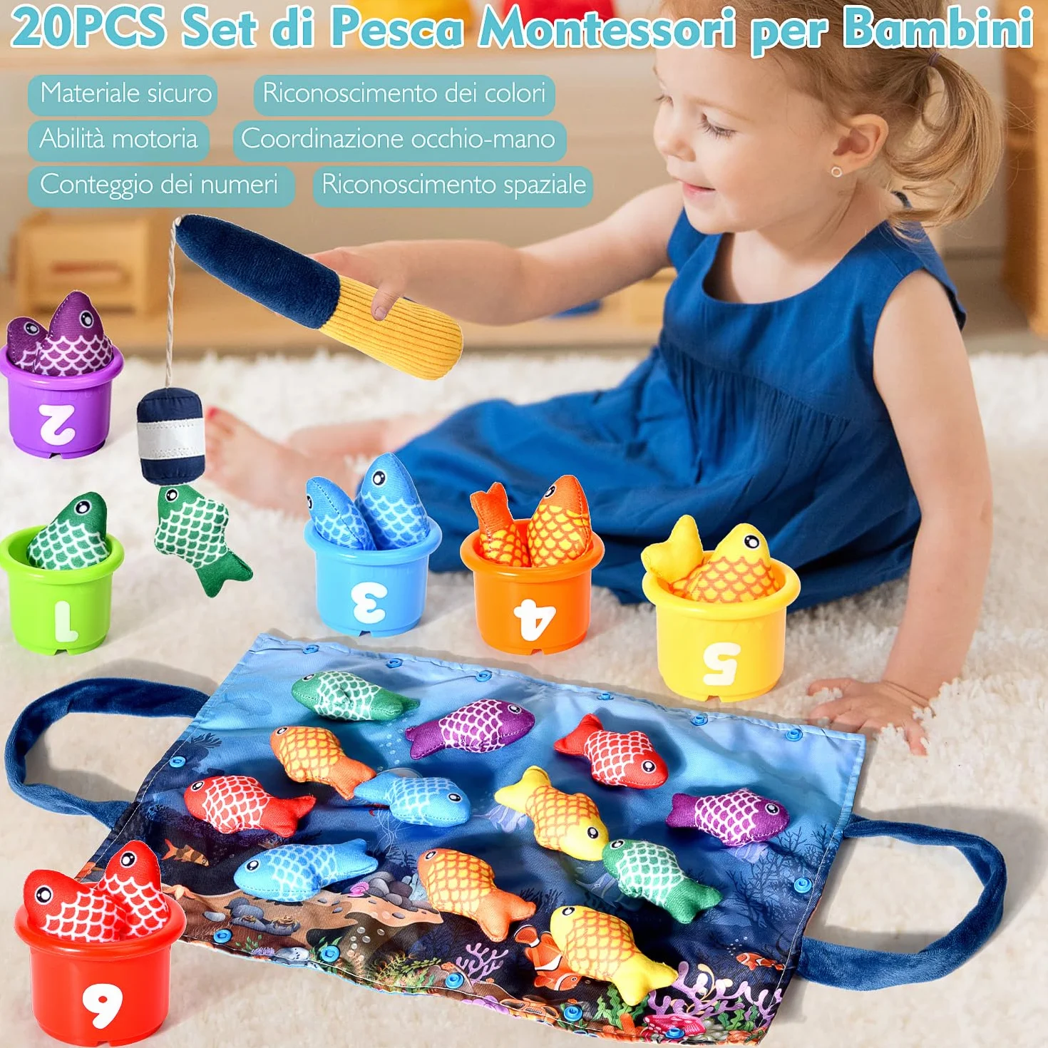 Giochi Bambini 1 Anno 2 Anni, 20PCS Montessori Gioco Pesca Morbidi, Regalo Bambino 6 12 18 Mesi, Interattivi Educativo Giocattoli Bambino