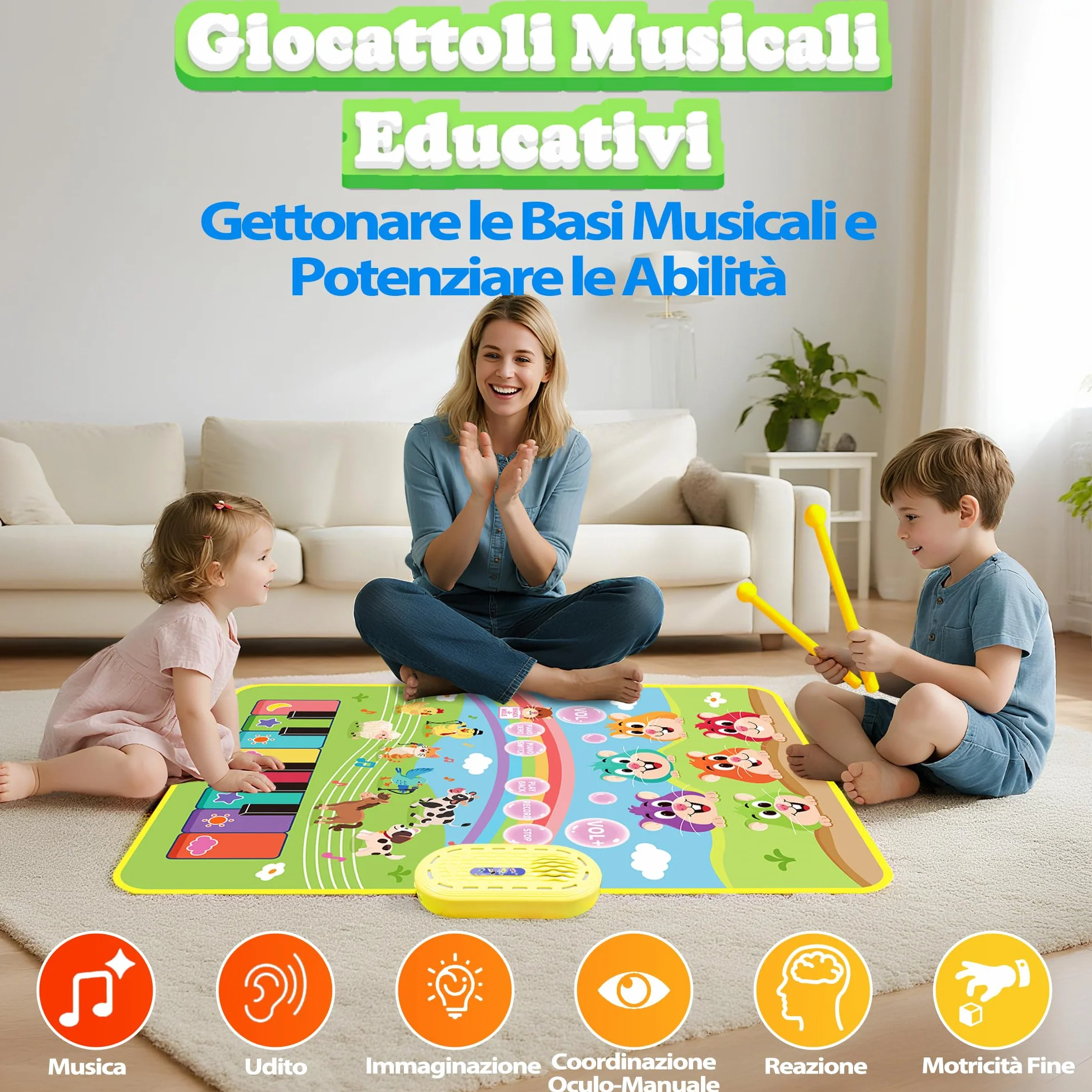 MOMUSE Tappeto Musicale con Gioco Colpisci la Talpa, Tappeto Pianoforte 3 in 1 per Bambini 1 2 3 Anni, Giocattoli Sensoriali Montessori per l'Apprendimento Precoce, Regali di Compleanno per 3 4 5 Anni