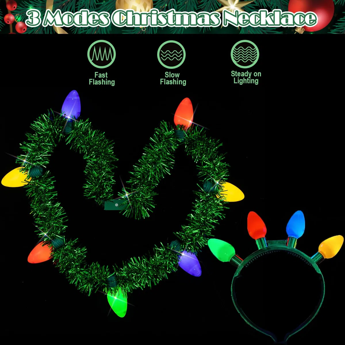 Hifot 2 Pezzi LED Cerchietto Natale Donna Bambina Costume Luminosa LED Collana Natale Lampadina con 3 Diverse modalità Flash Fascia per Capelli Feste di Natale