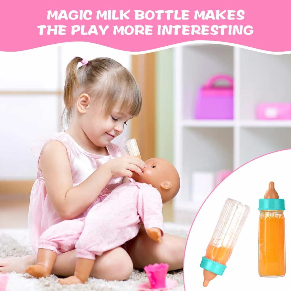 Aolso 18PZ Accessori per Bambole, Biberon Magico per Bambini e Ciucci, Set di Piatti e Posate per Bambole, Set Accessori Bagno per Bambola, dal Momento della Pappa a Quello del Bagnetto, Idee Regalo