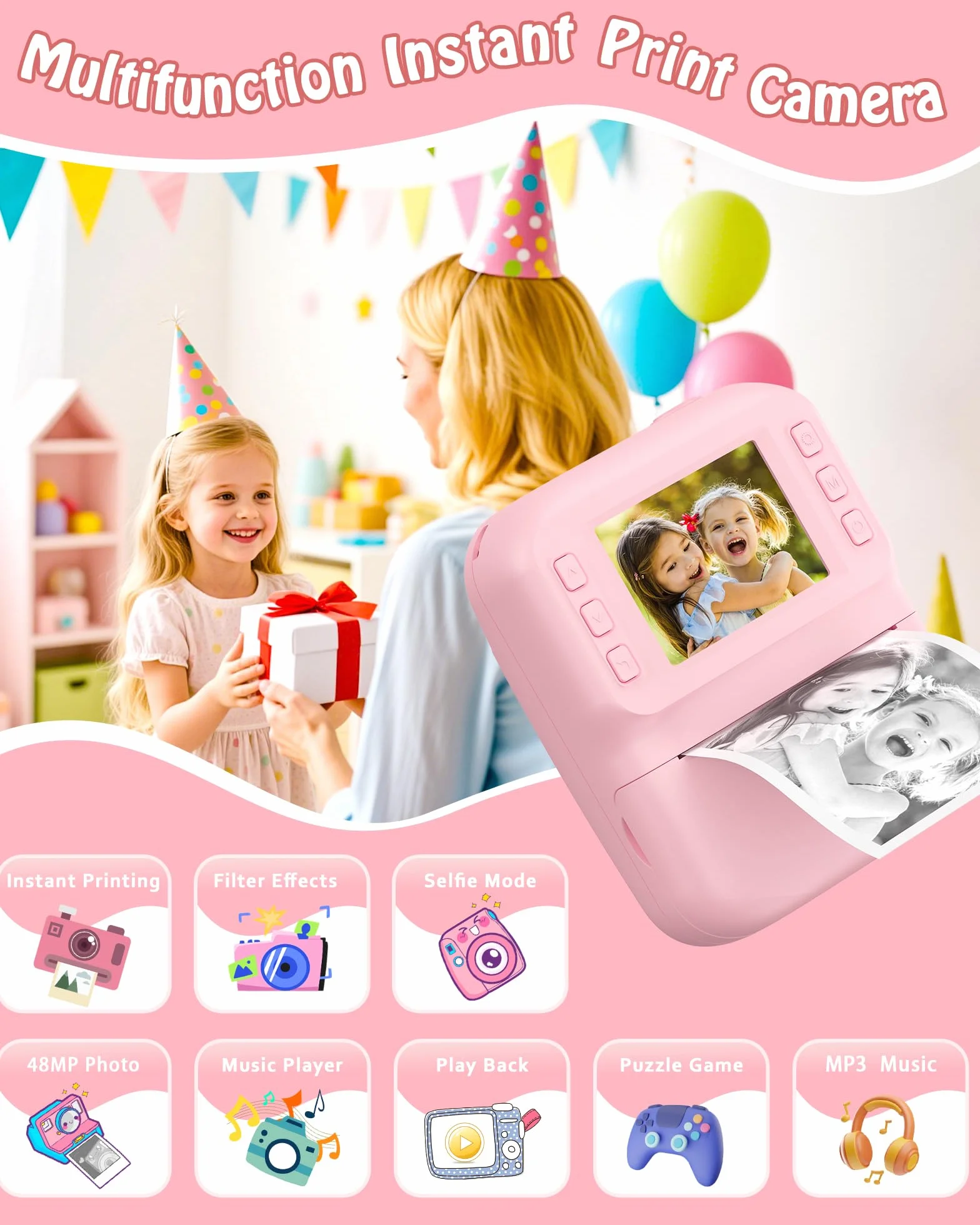 Macchina Fotografica Bambini, Schermo 2.4 HD Pollici e, Scheda da 32 GB e 3 Rotoli di Carta Fotografica, 1080P Macchina Fotografica Istantanea, Adatto Bambini dai 3 ai 12 Anni (Rosa)