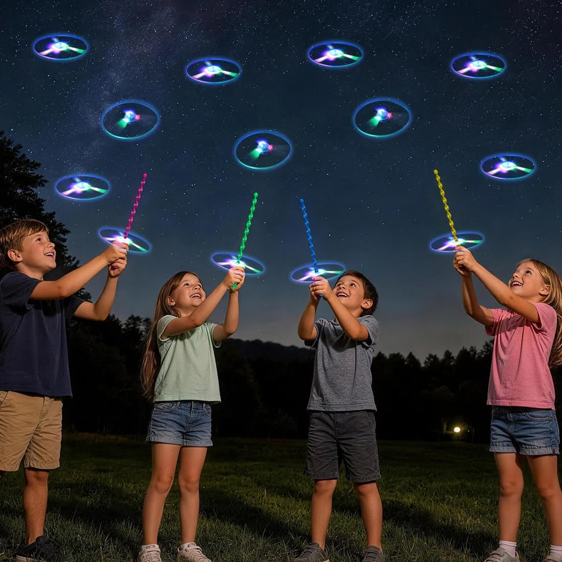 Meleager Disco Volante Giocattolo, Set 16 Pezzi con Eliche Luminose per Bambini, Lanciatori e Dischi, Ideale per Feste, Esterno, Compleanni e Regali
