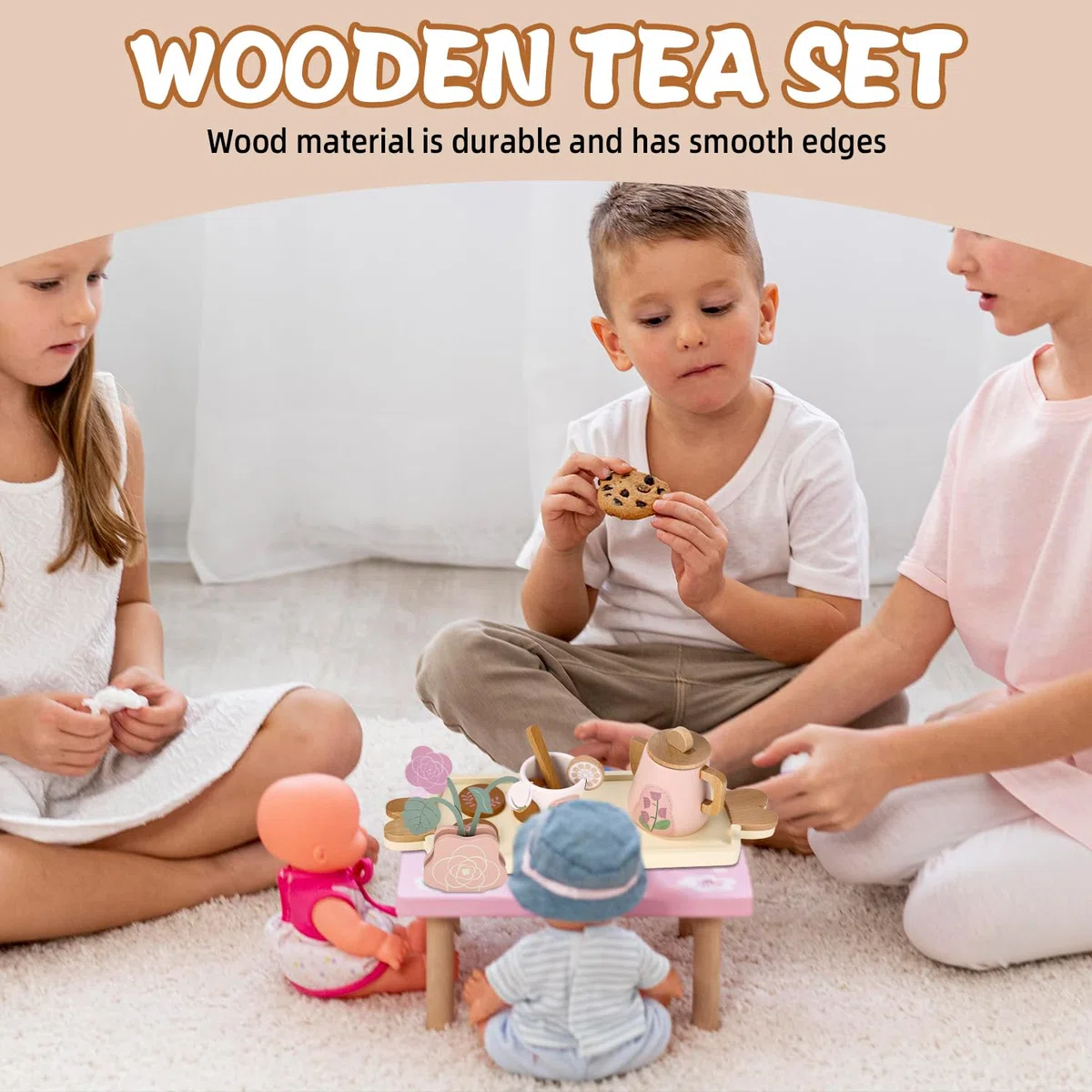 Set da Tè e Accessori Cucina in Legno per Bambini, Giochi Educativi, Servizio da Tè, Regalo per Ragazze e Ragazzi dai 3 Anni