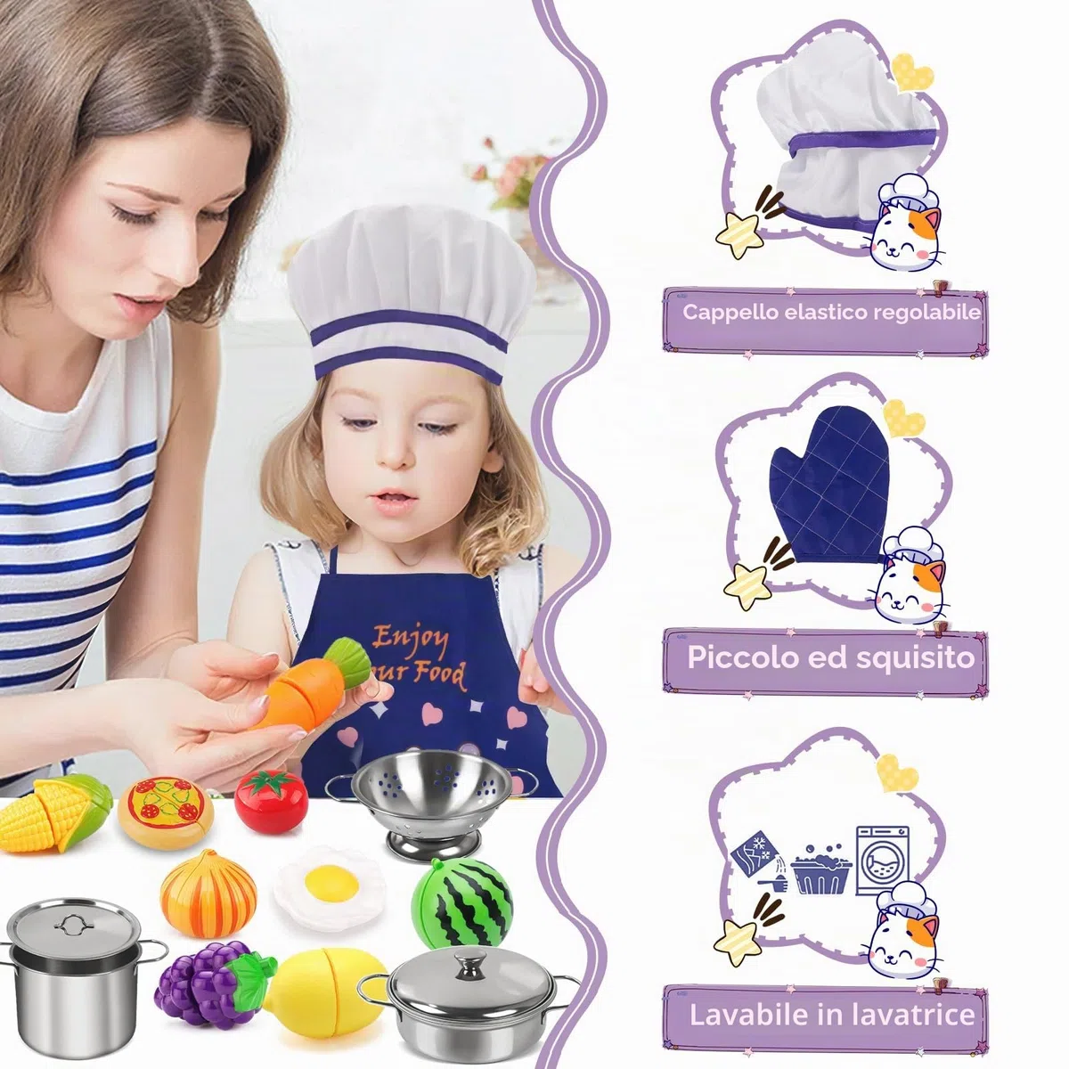Set Cucina per Bambini 32 Pezzi - Accessori, Pentole e Padelle in Acciaio Inossidabile, Utensili, Grembiule - Giocattolo Educativo