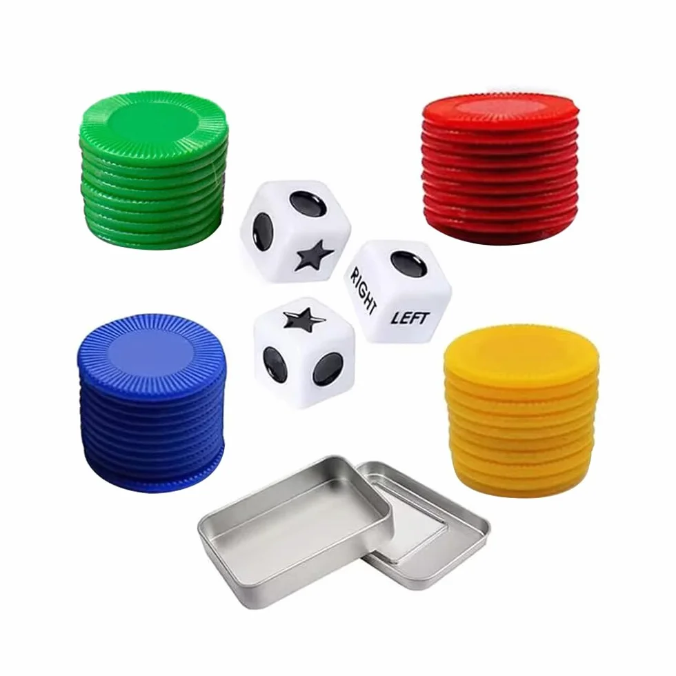 Sarini Gioco di dadi sinistra centro destra con 4 gettoni colorati, dadi a 3 stelle e istruzioni - Scatola di latta da 65 g, perfetta per feste, riunioni di famiglia e riunioni con gli amici