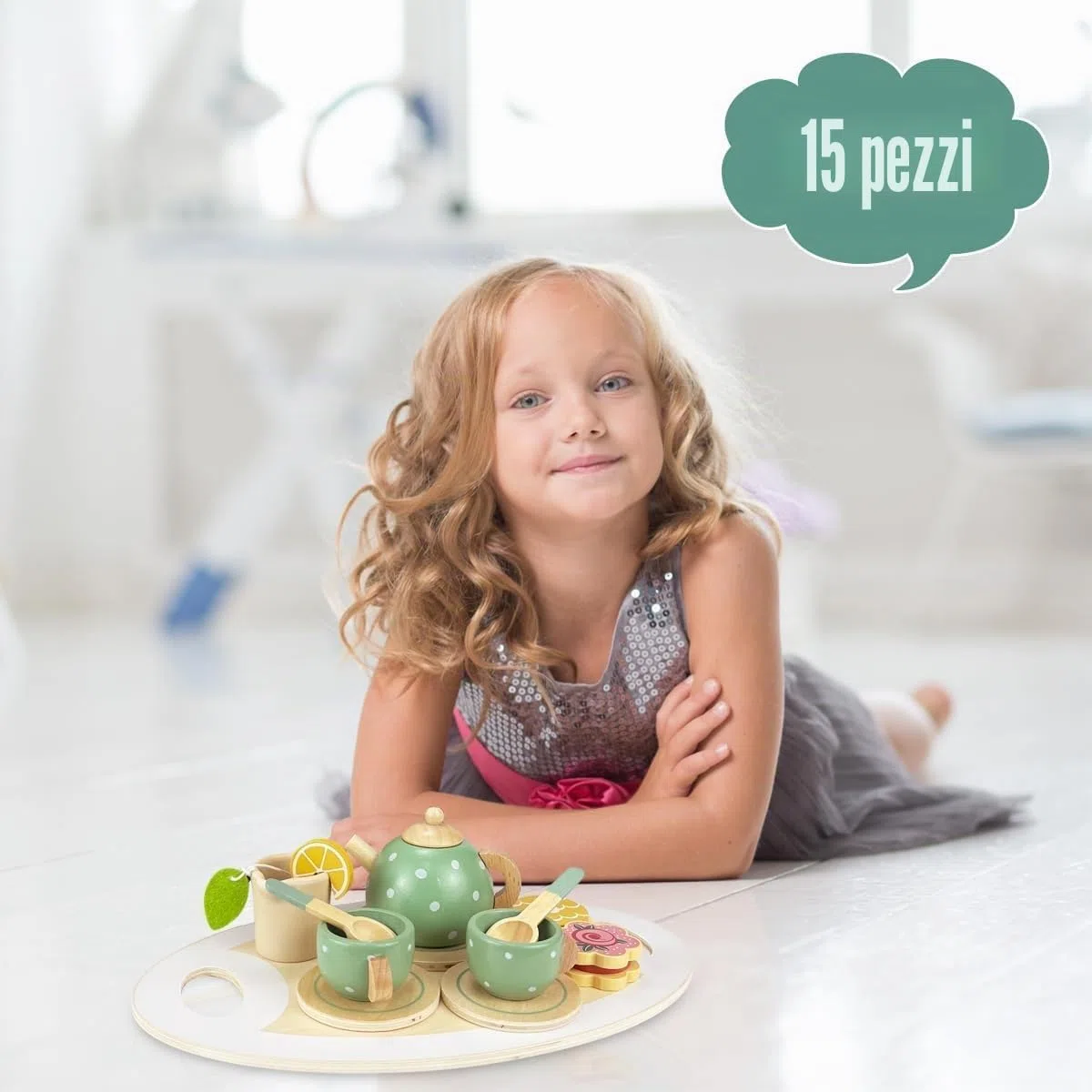 Set da Tè in Legno per Bambini - 14pcs Accessori Cucina Giocattolo con Accessori - Set da tè Pomeridiano, Servizio da tè di Ruolo, Regalo per Feste, Regali di Compleanno