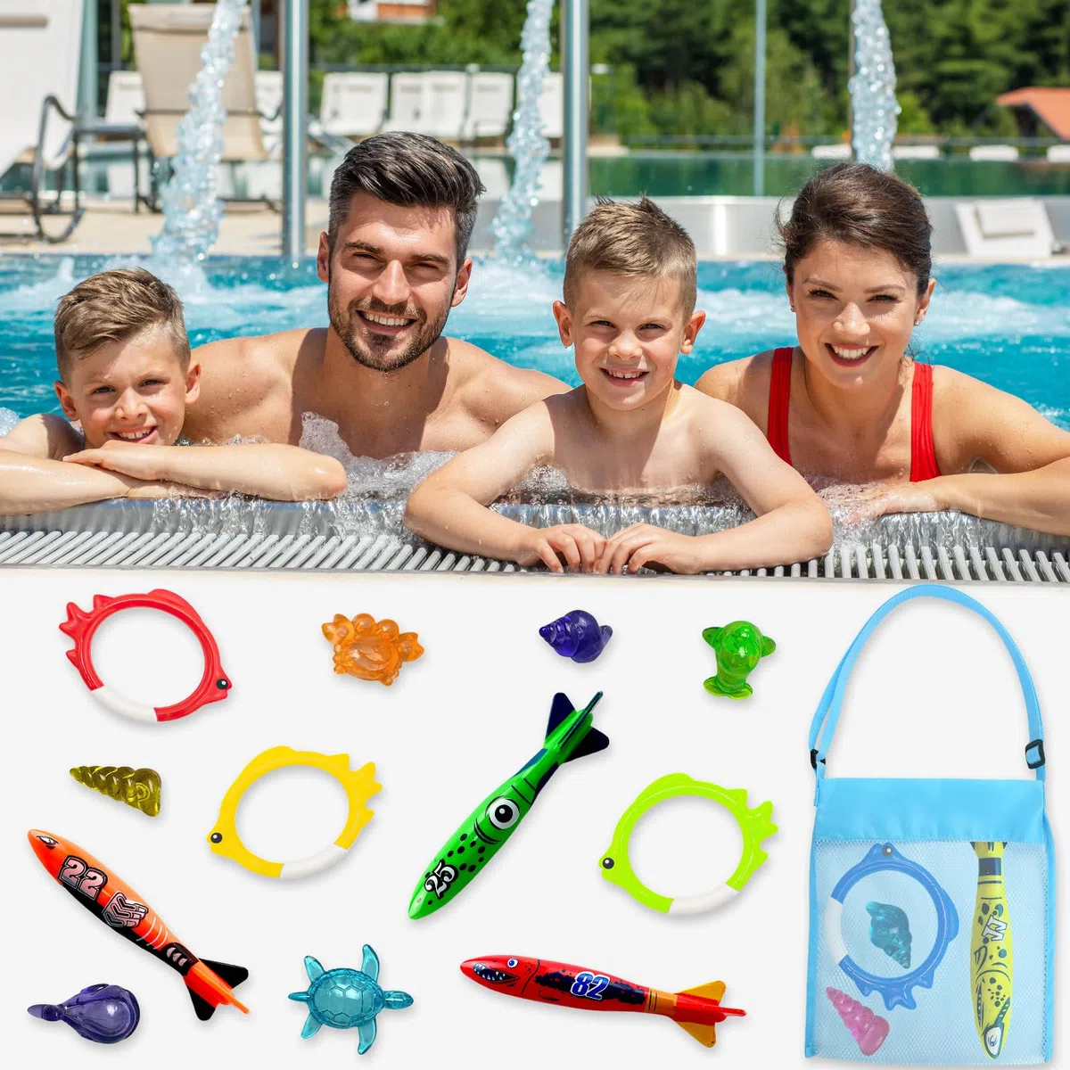 17 Pezzi Set di Giocattoli Subacquei con Siluro, Anelli da Immersione e Gemme - Divertimento in Piscina per Ragazzi e Ragazze da 5 a 12 Anni (A)