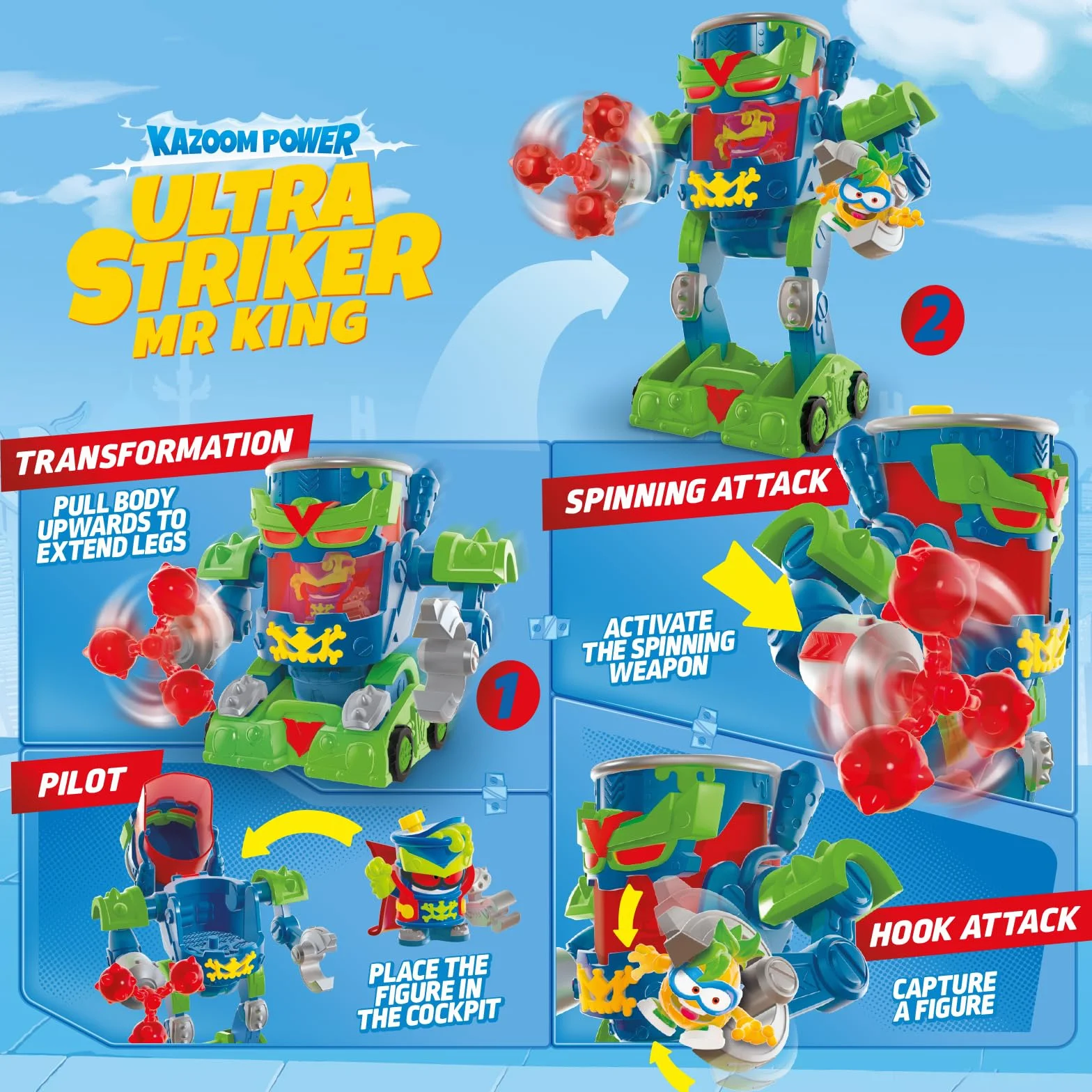SUPERTHINGS – Ultra Striker Mr. King. Robot Ultra Striker Mr. King della serie TV "SuperThings Kazoom Power". Contiene 1 Ultra Striker Robot, 1 Mr. King esclusivo