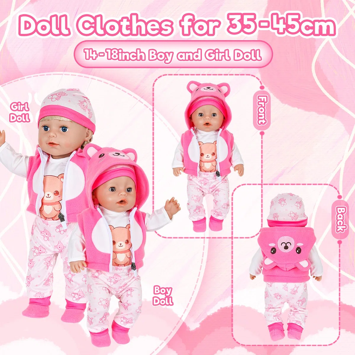 Vestiti per bambole da 35 a 43 cm, 8 pezzi rosa orsacchiotto, accessori per bambole con pagliaccetto, pantaloni con cappuccio, scarpe con orsetto, bambola, 2 grucce per bambole da 14 a 18 pollici