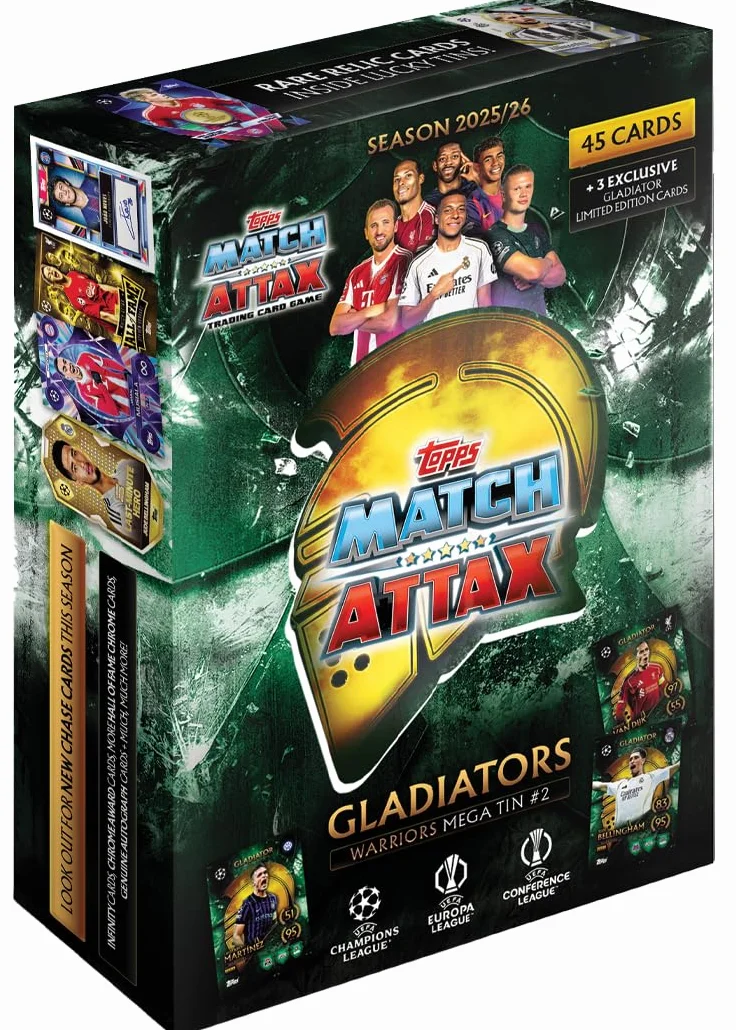 Topps UCC Match Attax 2025/26 - Mega Tin - Warriors - contiene 45 carte Match Attax più 3 carte esclusive Gladiators LE.