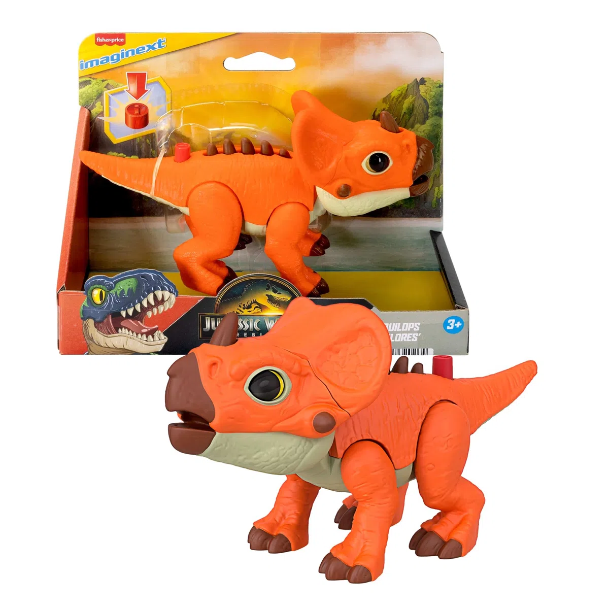 Fisher-Price Imaginext Jurassic World La Rinascita - Aquilops, dinosauro alto 20 cm con aculei e movimento della testa attivabili da pulsante, giocattolo per bambini, 3+ anni, JGP99