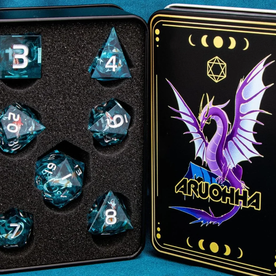 Set di Dadi in Resina DND,Dadi poliedrici a Nucleo Liquido Koi Fish DND con Scatola, Dadi da Gioco di Ruolo D e D Rpg