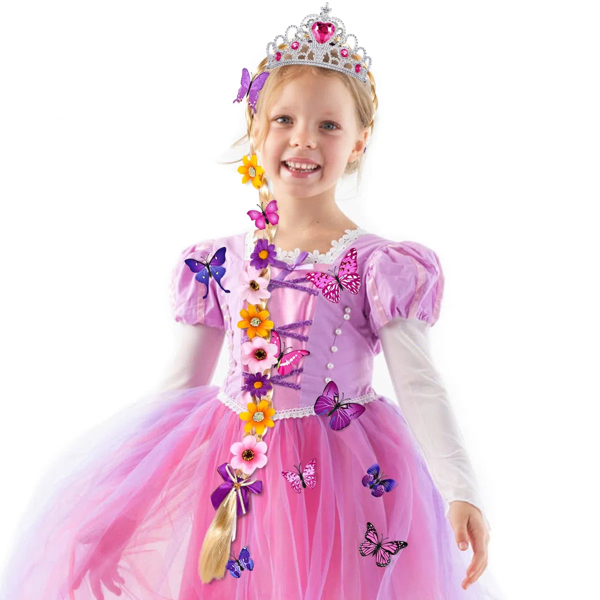 vamei Principessa Parrucca Bambina Parrucche Treccia con Diadema Farfalla Spilla Vestito Principessa Accessori per Bambini Ragazza Cosplay Carnevale Halloween Festa di Compleanno
