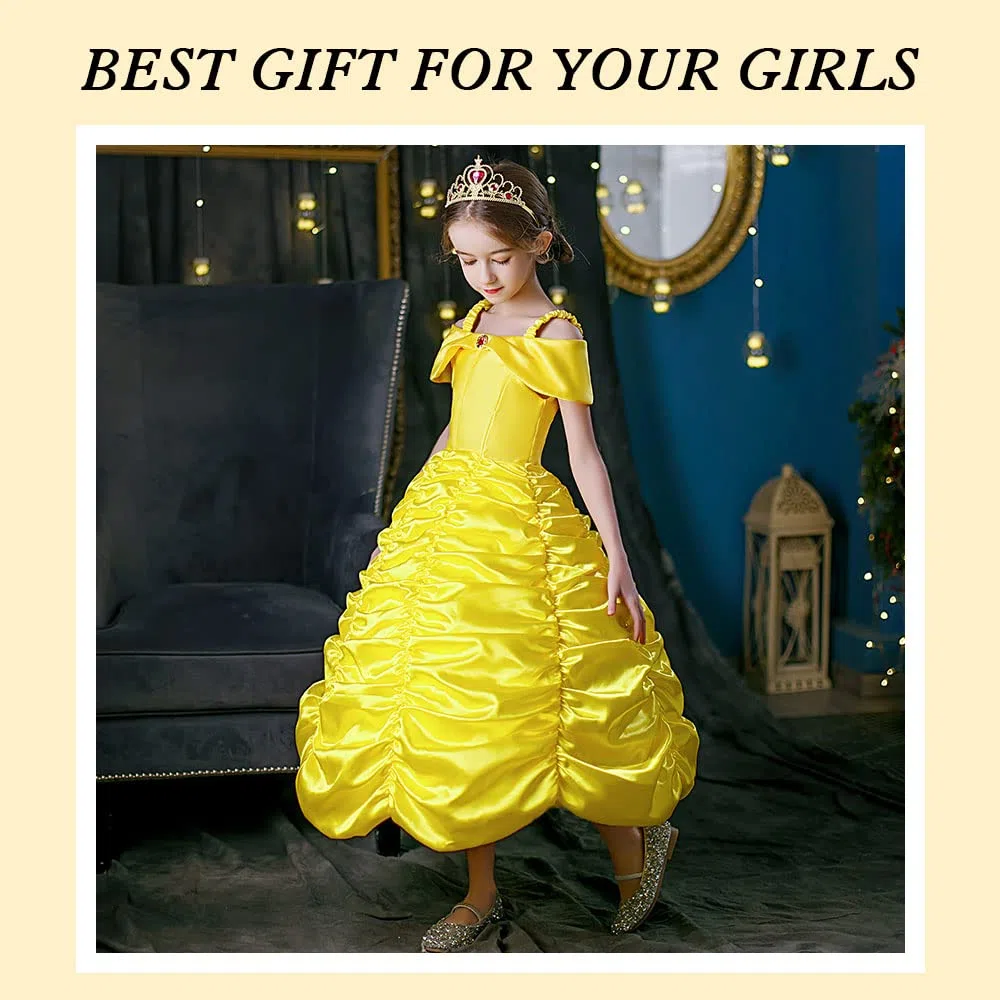 Vicloon Belle Cosplay Costume, Principessa Belle Carnevali Costume Vestito da Ragazza con Principessa Corona, Principessa Bacchetta, Festa di Compleanno Natale Holloween Cosplay Party, 130CM