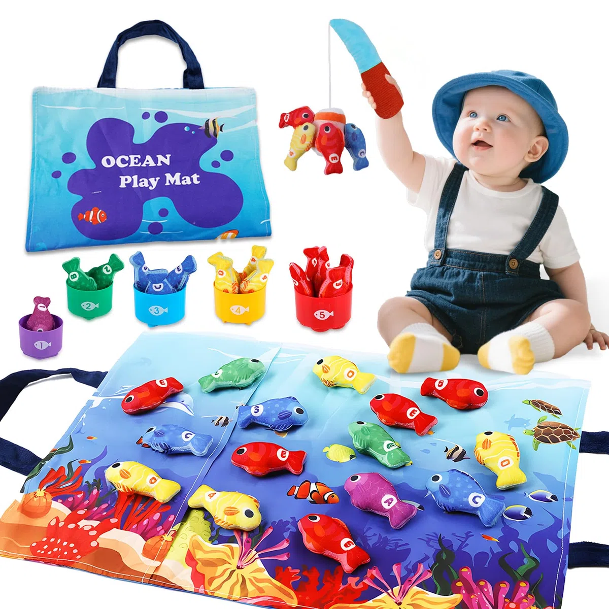 Giochi Montessori 1 Anno - Gioco Pesca Morbidi per Bimbo Bimba con 15 Pesci - Gioco Bambino Colorato Giocattolo Educativo per 12-18 Mesi - Regali per Bambini Bambina 1 2 Anni