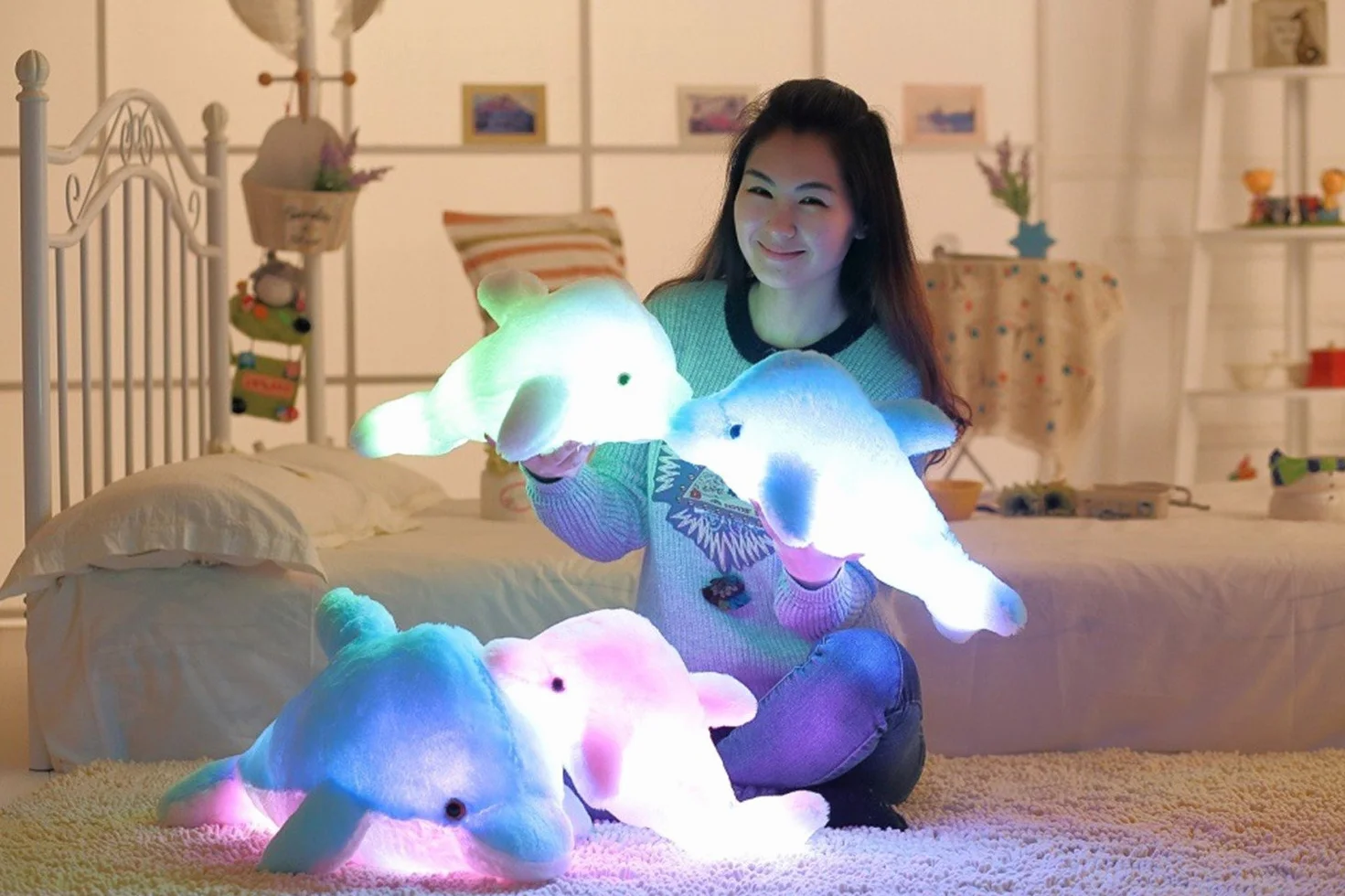 7 cambi di colore LED Lighten Giocattolo farcito con i delfini Cuscino peluche Luce notturna (Blu, 45cm)