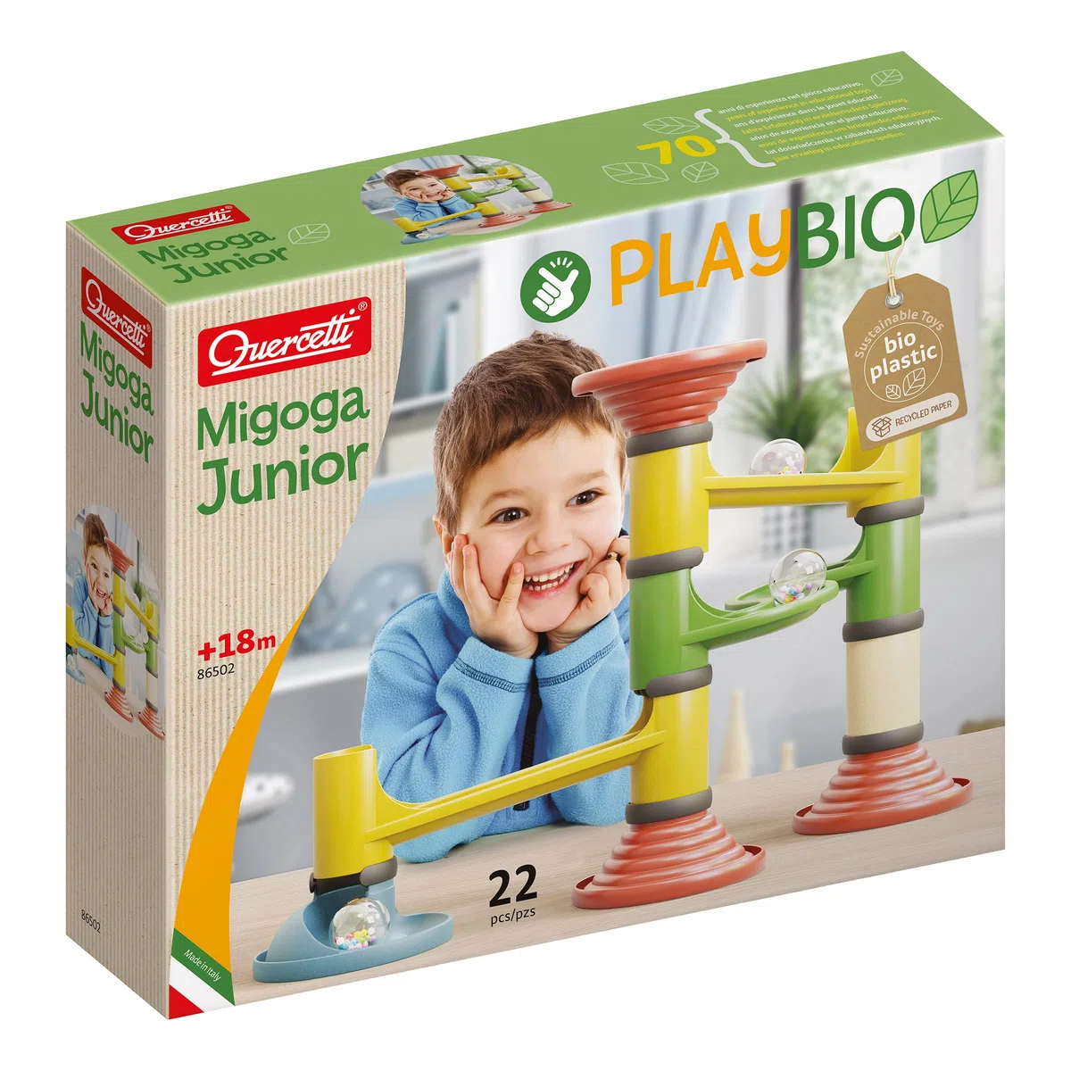 Quercetti Migoga Junior Bio Pista Biglie Per Bambini a Partire dai 18 Mesi Costruzioni Grandi Per Bambini In Bioplastica, Gioco Costruzioni Con Grandi Biglie Sonaglio, Percorsi Creativi e Sensoriali