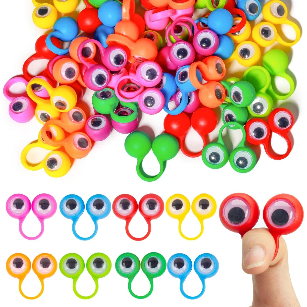 Felly 100 Pezzi Occhi da Dito Marionette, Giocattoli Educativi per Le Dita per Bambini, Eyeball Ring Confezione, Gioco di Ruolo, Spettacoli Giochi Festa Compleanno Forniture, Miscelazione dei Colori