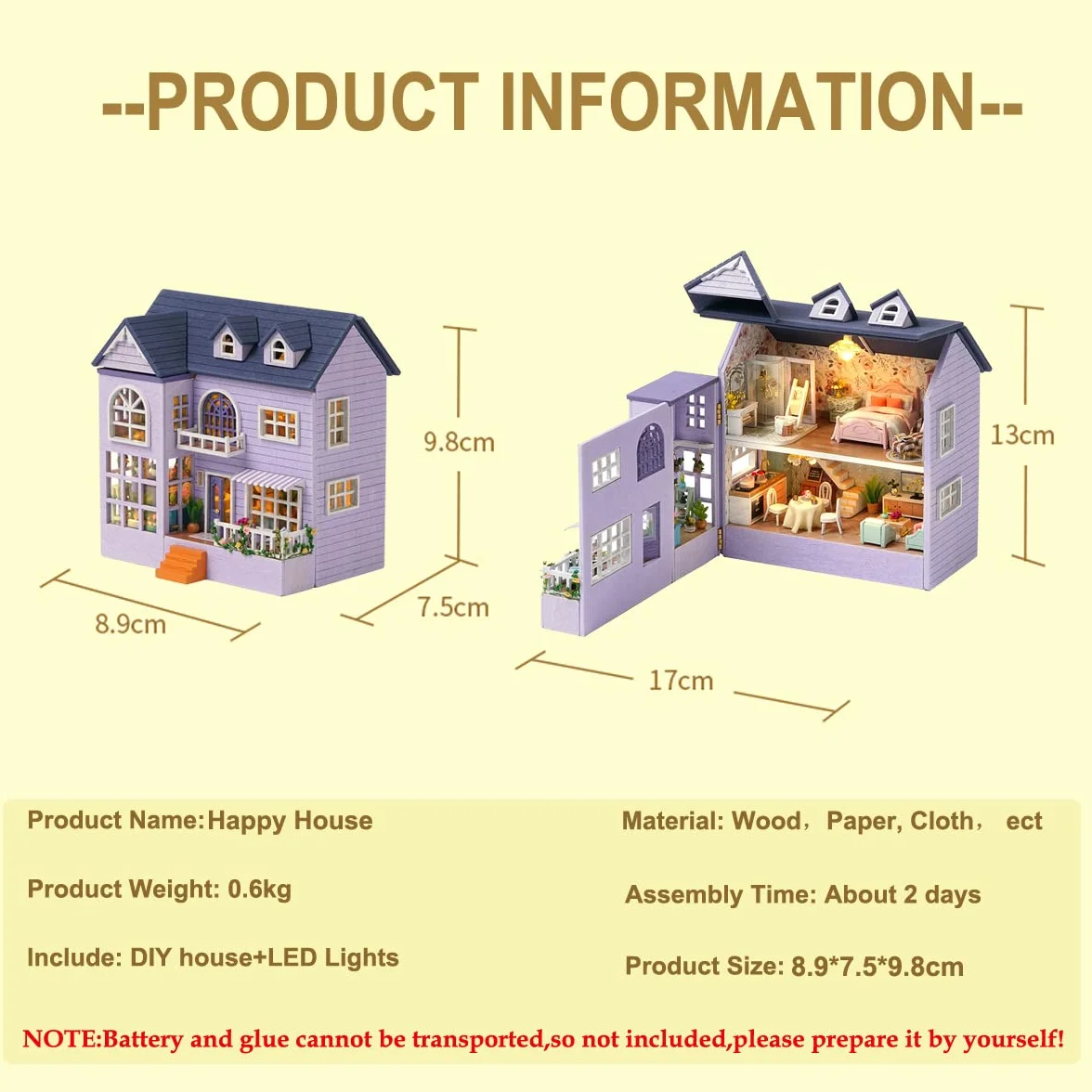 CUTEROOM Miniatura casa delle Bambole con mobili,Fai da Te in Miniatura Casa delle Bambole Kit,Mini 3D Casa in Legno con Luci A LED - Regalo di Compleanno di Natale (Happy House)