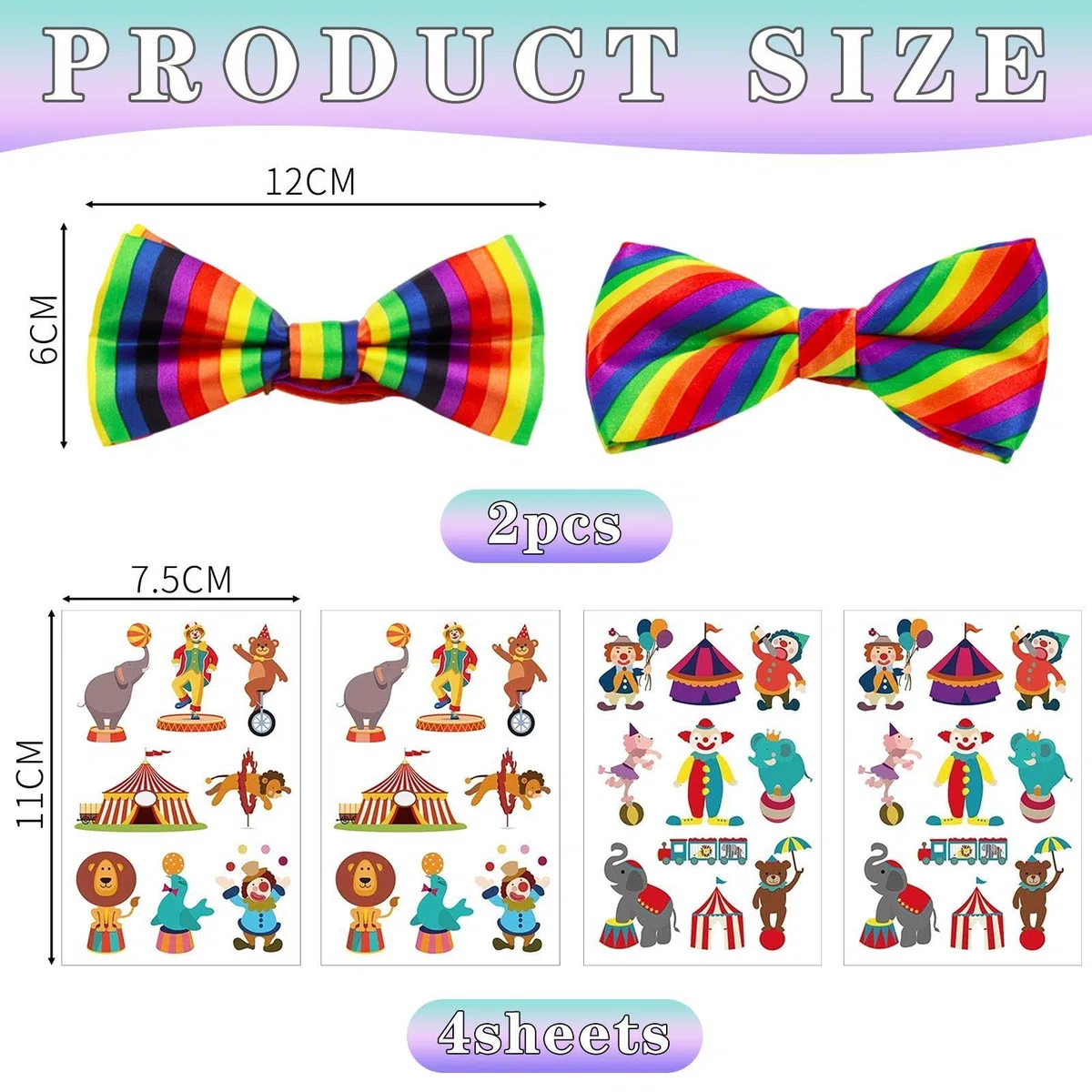 2 Fiocchi di Pagliaccio E 4 Adesivi per Tatuaggi da Clown, Accessori in Costume da Clown, Accessori per Il Costume da Festa, Accessori per Giochi di Ruolo.