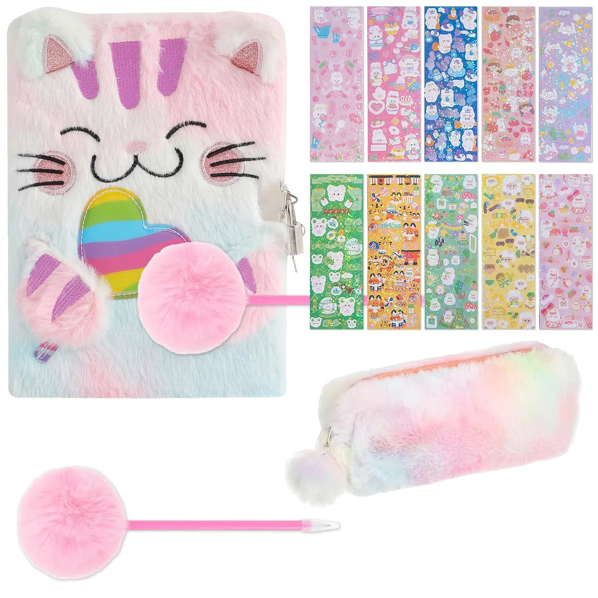 diario Segreto con Lucchetto per Bambina A5 con Penna Peluche Rosa + Adesivi + Astuccio + quaderno Peluche Gatto Regalo per Ragazze Natale Compleanno Scuola