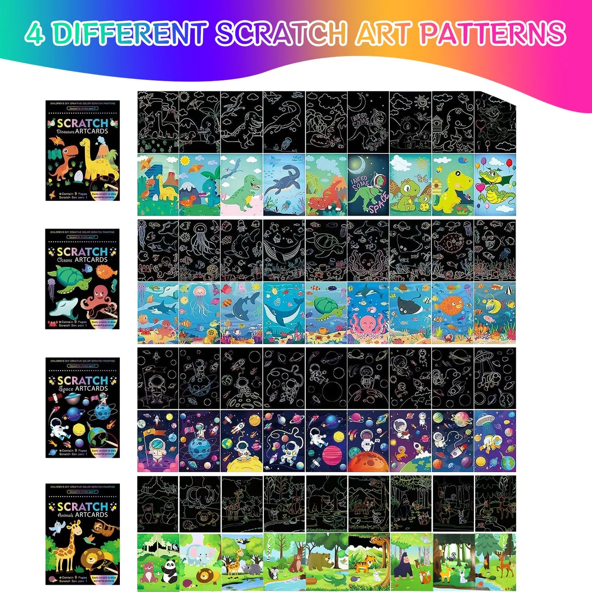 Set 4 Blocchi Disegni Grattare Per Bambini, Carta Magica Arcobaleno Grattare, Album Grattare Con Temi Dinosauri, Spazio, Oceani e Animali, Con Penna In Legno, Ideale Per Relax e Decorazione