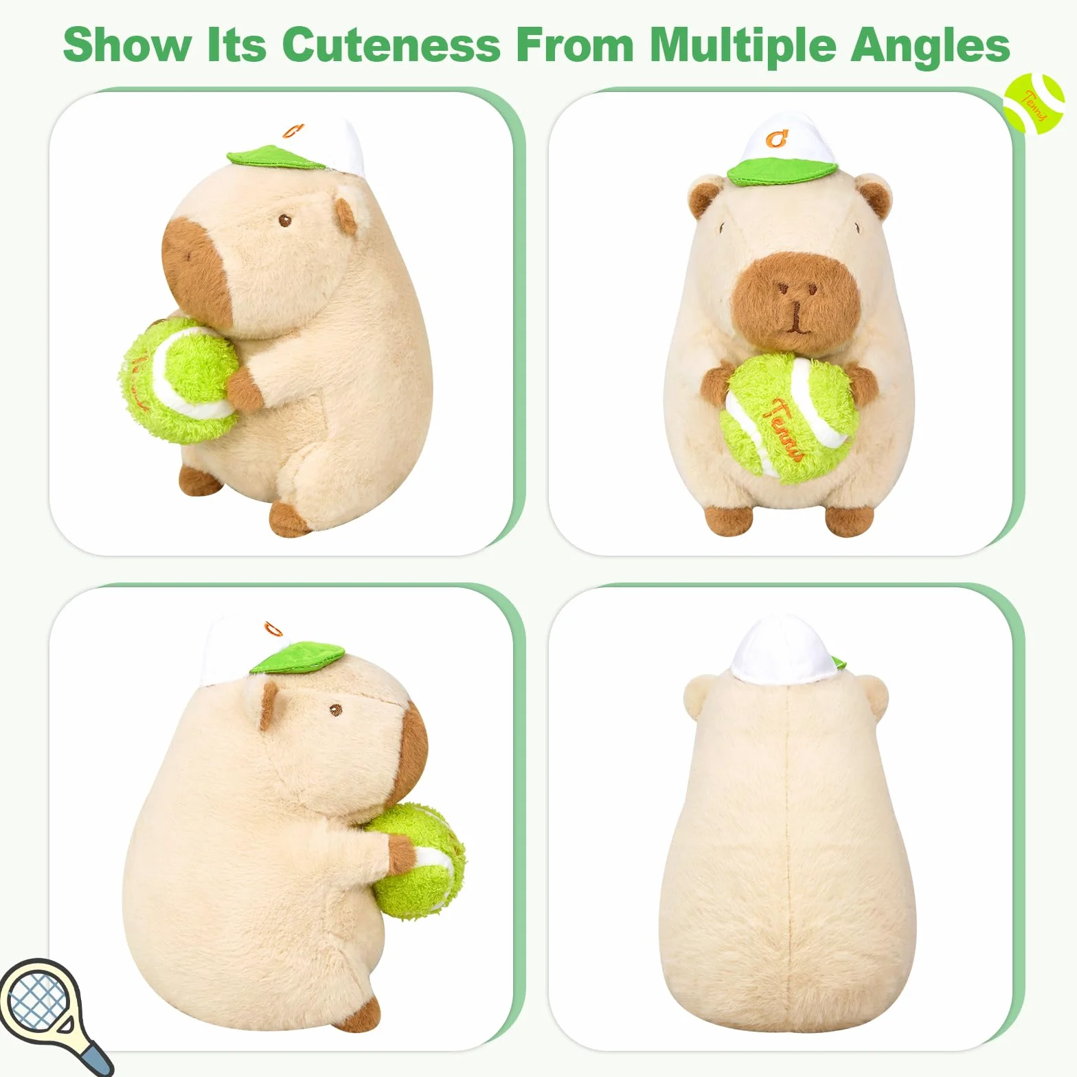 shownicer Peluche Capibara, peluche animale di stoffa Kawaii Capibara, cuscino in peluche, giocattolo cuscino da lancio, regalo per bambini e bambine dai 3+ anni (Tennis, 25 cm)