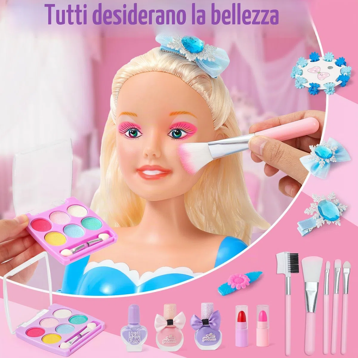 52Pcs Set Parrucchiere per Bambini Trucco in Stile Giocattolo, Hair Styling Head Teste da Truccare, Parrucchiere da Kit Bellezza Trucco Giocattolo Regali Natale Compleanno per Ragazze 3 4 5 6 Anni