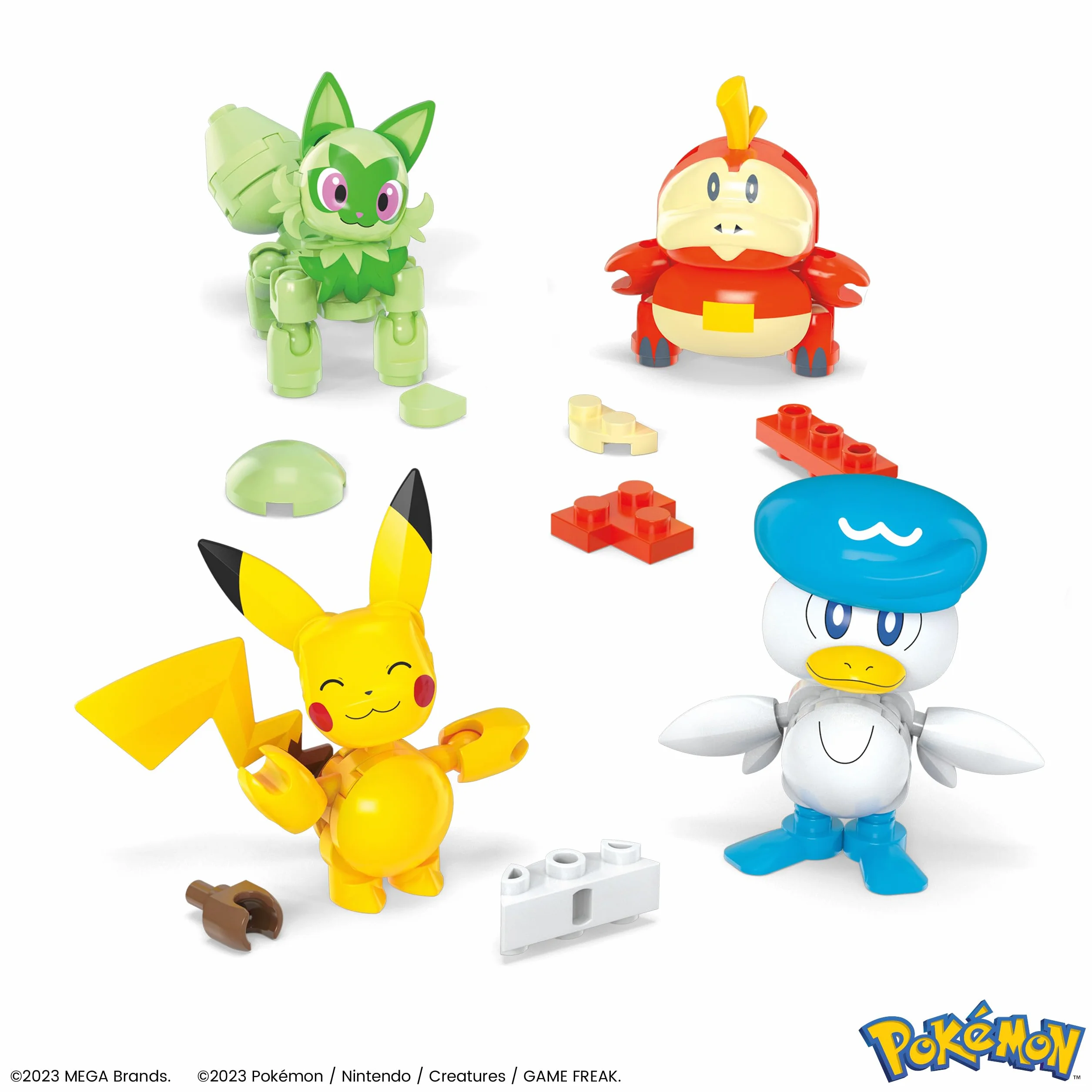 MEGA Pokémon - Team della Regione di Paldea, set con 4 personaggi e 1 Poké ball da costruire con 79 pezzi, include Pikachu, Fuecoco, Sprigatito e Quaxly, giocattolo per bambini, 6+ anni, HPX92