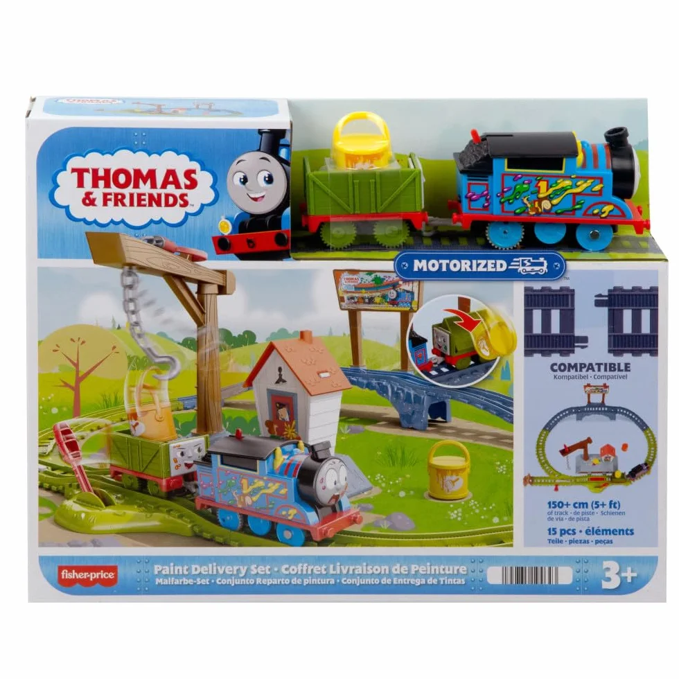 Il Trenino Thomas - Pista Avventure a Colori, playset lungo 1,5 metri con 2 taniche vernice, locomotiva Thomas a pile e Vagone Combina Guai, giocattolo per bambini, 3+ anni, HTN34