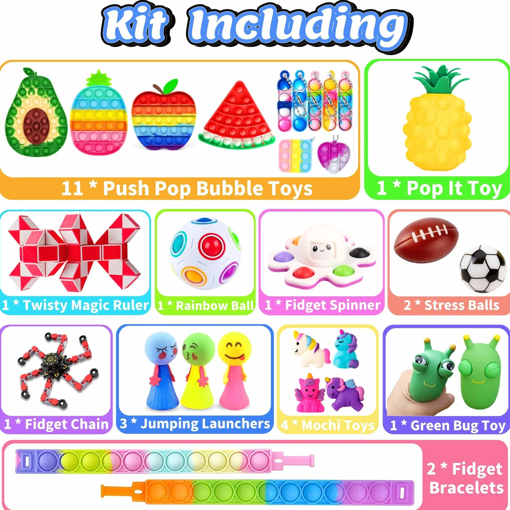 Chennyfun Fidget Toy Set, 62 Pezzi Fidget Toys Pack,Anguria Mela Kiwi Fidget Toys Set Giochi Sensoriali Anti Ansia e Stress è Adatta per Adulti e Bambini, può Essere Usata Come Regali per Feste