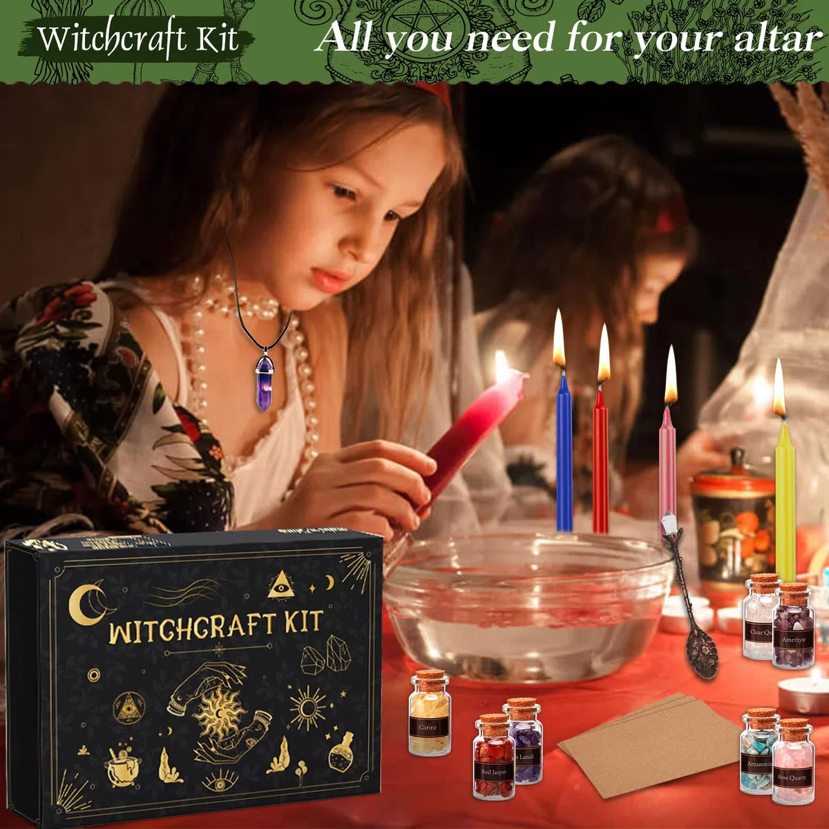 MULEVIP Oggetti Kit 52 Pezzi Forniture per Stregoneria, per la Preghiera, Bottiglia dei Desideri di Cristallo, Fiori secchi, Materiali Medicinali, ,Incantesimi, Magia