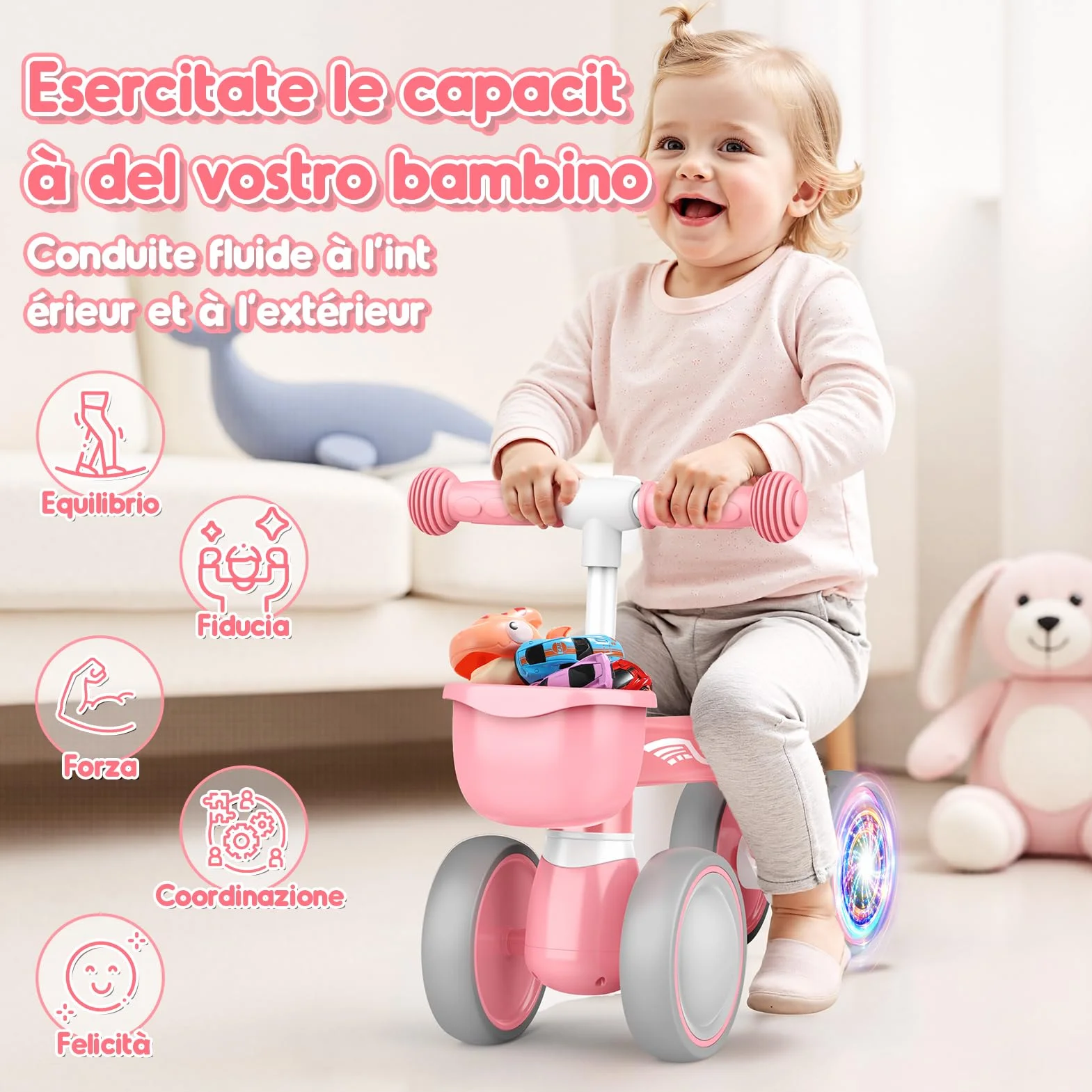 HappyGoLucky Bicicletta Bambini 12-24 Mesi con Cestino, Ruote Colorate, Ultra Leggero, Bicicletta Senza Pedali Giochi Bambina 1 2 Anni, Balance Bike Regalo Bambino 1 Anno, Primo Regalo di Compleanno