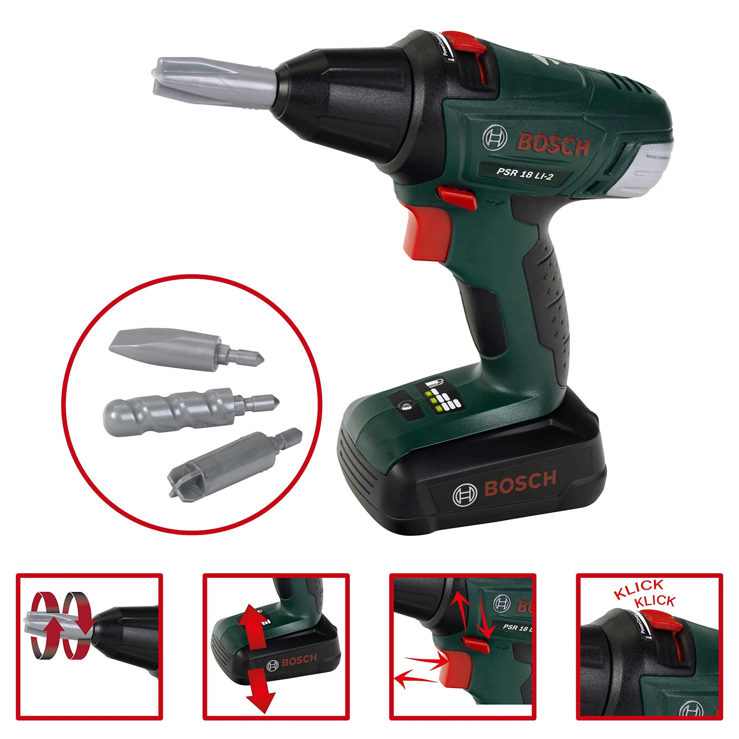 Theo Klein 8567 Avvitatore a batteria Bosch, Trapano/cacciavite a batterie con attacchi rotanti e intercambiabili, Luce e suono, 20 x 6,5 x 19 cm, Giocattolo per bambini a partire dai 3 anni di età