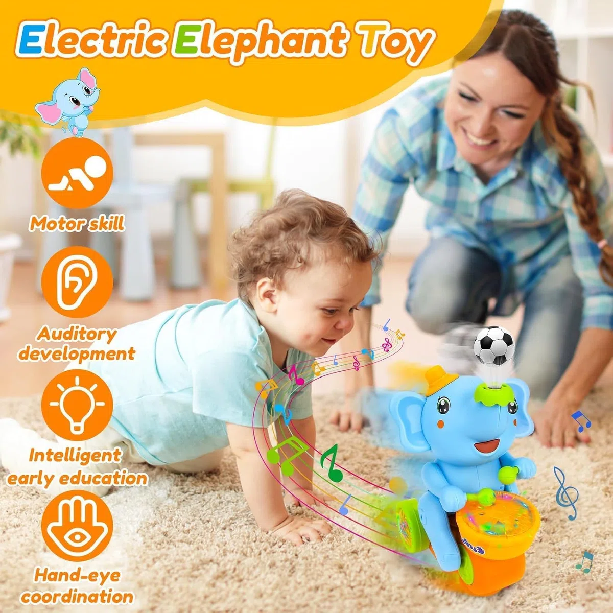 Giocattolio musicale dell'elefante che cammina con tamburi e luci LED, giocattolo interattivo per bambini con suoni, giocattolo mobile per elefanti per bambini piccoli, giocattolo educativo precoce