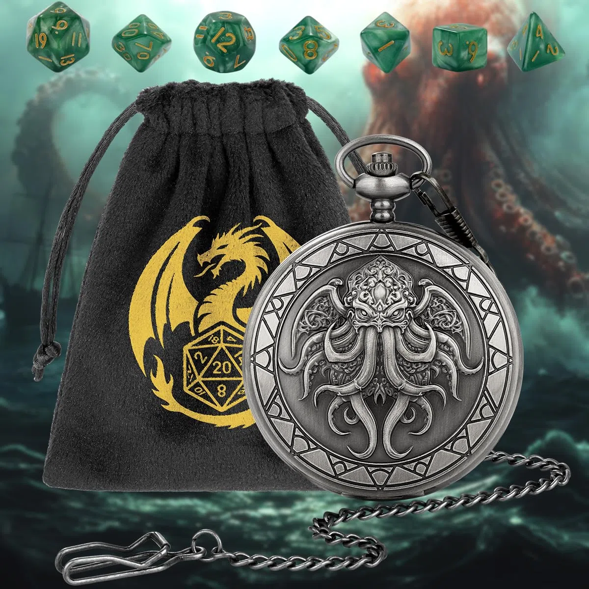 Polpo con ali, grande cassa per orologio da taschino, set di 7 dadi poliedrici in acrilico poliedrico, sacchetto regalo DND con logo del drago, accessori per giochi di ruolo, argento scuro + verde