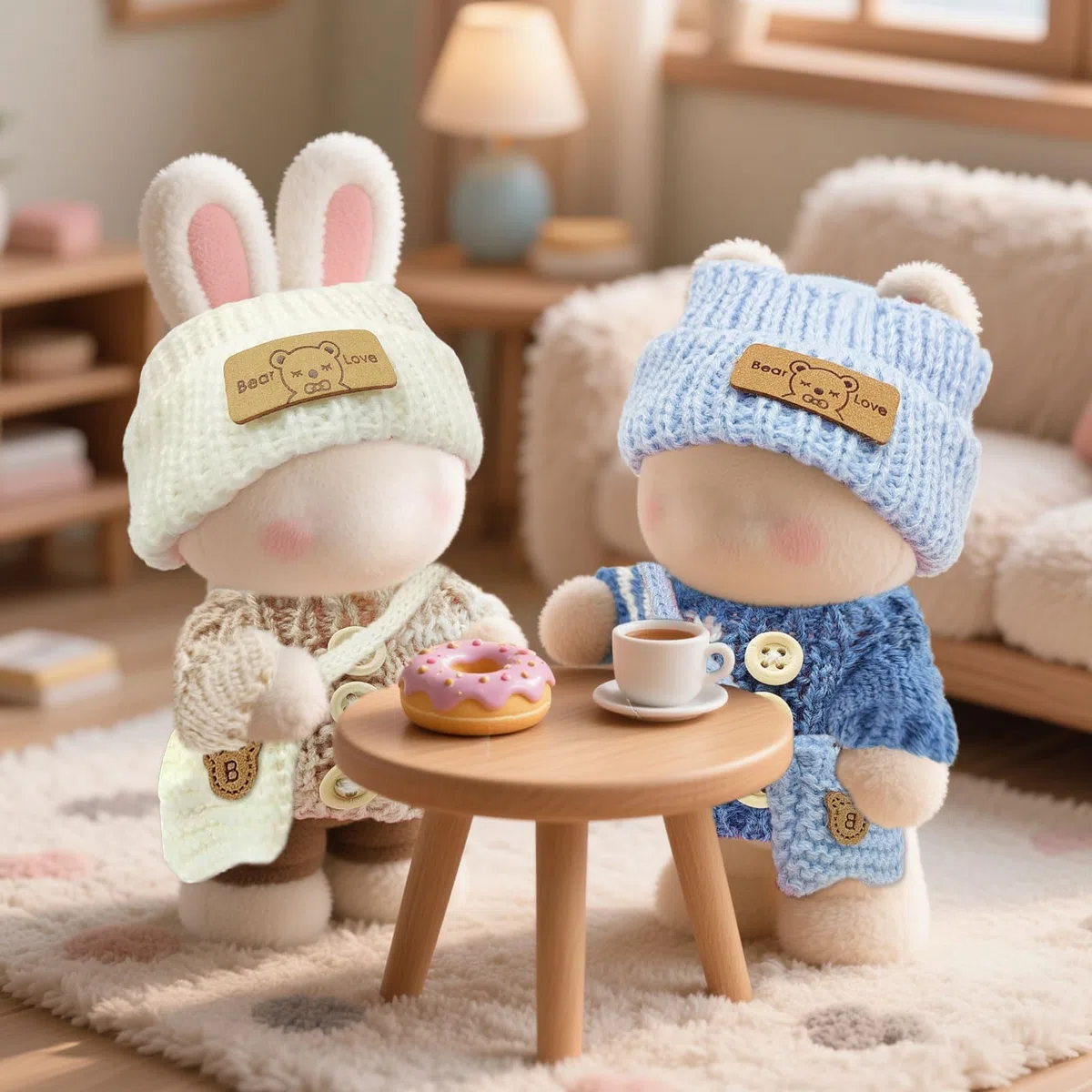 6 Pezzi Vestiti per Bambole di Peluche da 17 cm, Abiti per Bambole Lavorato a Maglia, Compresi Cappelli Vestiti e Zaini, DIY Peluche Abbigliamento, Accessori per Bambole (Blu, Bianco)