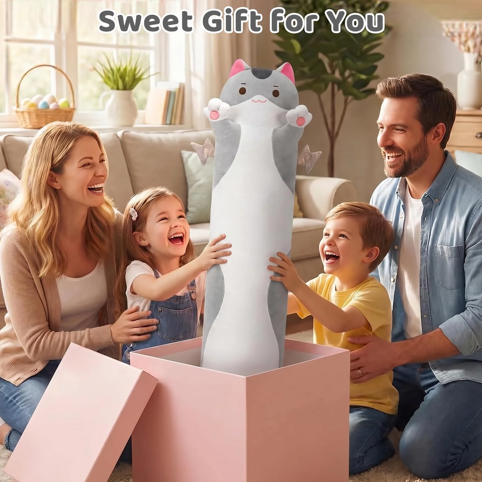 Mewaii Carino Gatto in Peluche Cuscino lungo Cuscino Animale Bambola Giocattoli Kawaii Soffici Comfort Cuscino in Peluche per Regalo per Bambini dai 3 anni in su, 50 cm, Gatto Grigio)