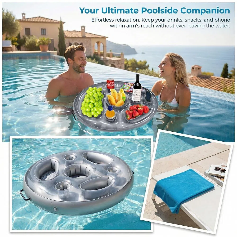 Portabibite Gonfiabile Portabevande 2-in-1, Vassoio Gonfiabile Per Piscina, Vassoio per Cibo Galleggiante per Piscina con 8 Fori, Scaffali Galleggianti di Bevande Alle Feste Estive in Piscina