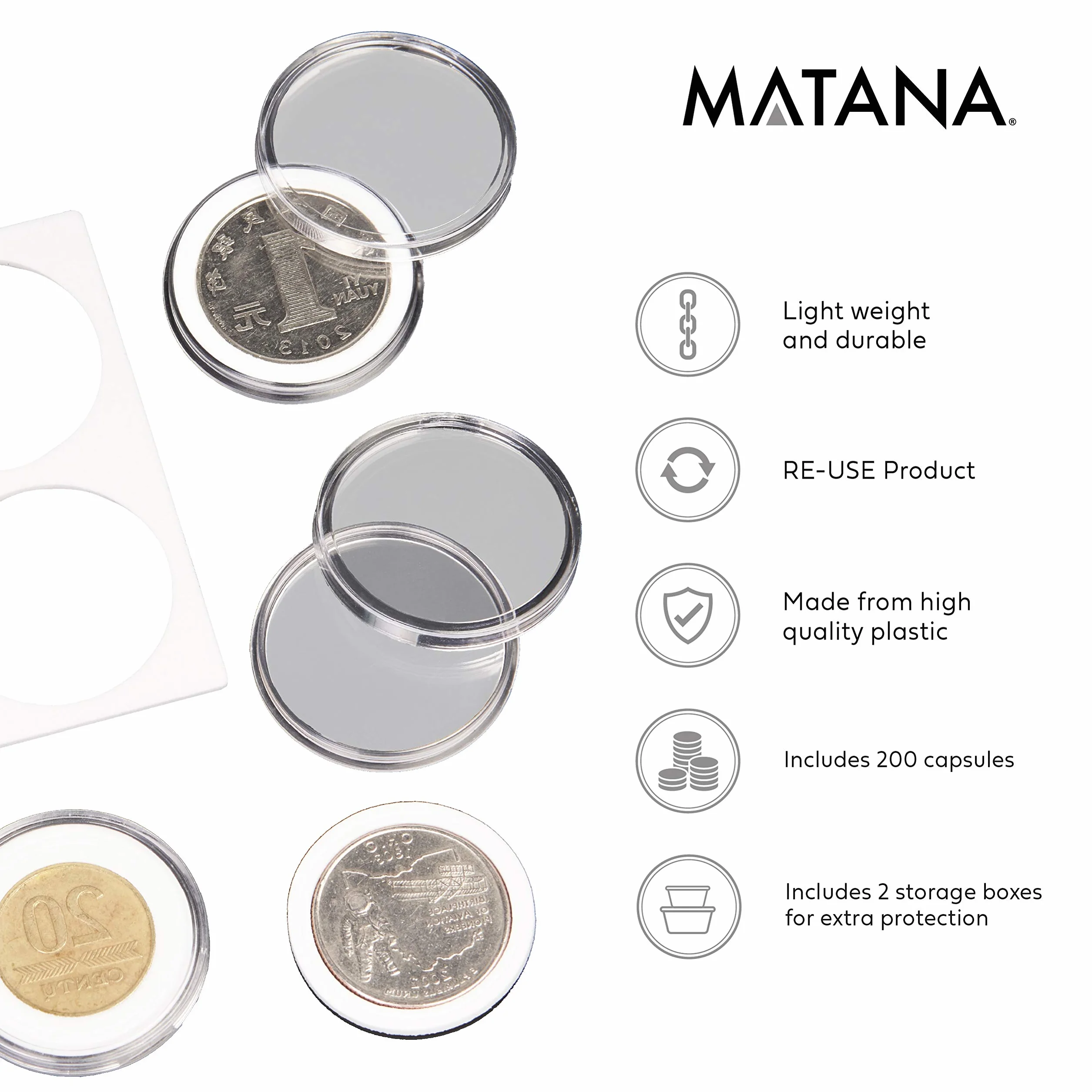 MATANA - 200 Pezzi Capsule di Monete (33mm) con 200 Guarnizioni in Schiuma EVA e 2 Scatole Porta Monete di Collezione
