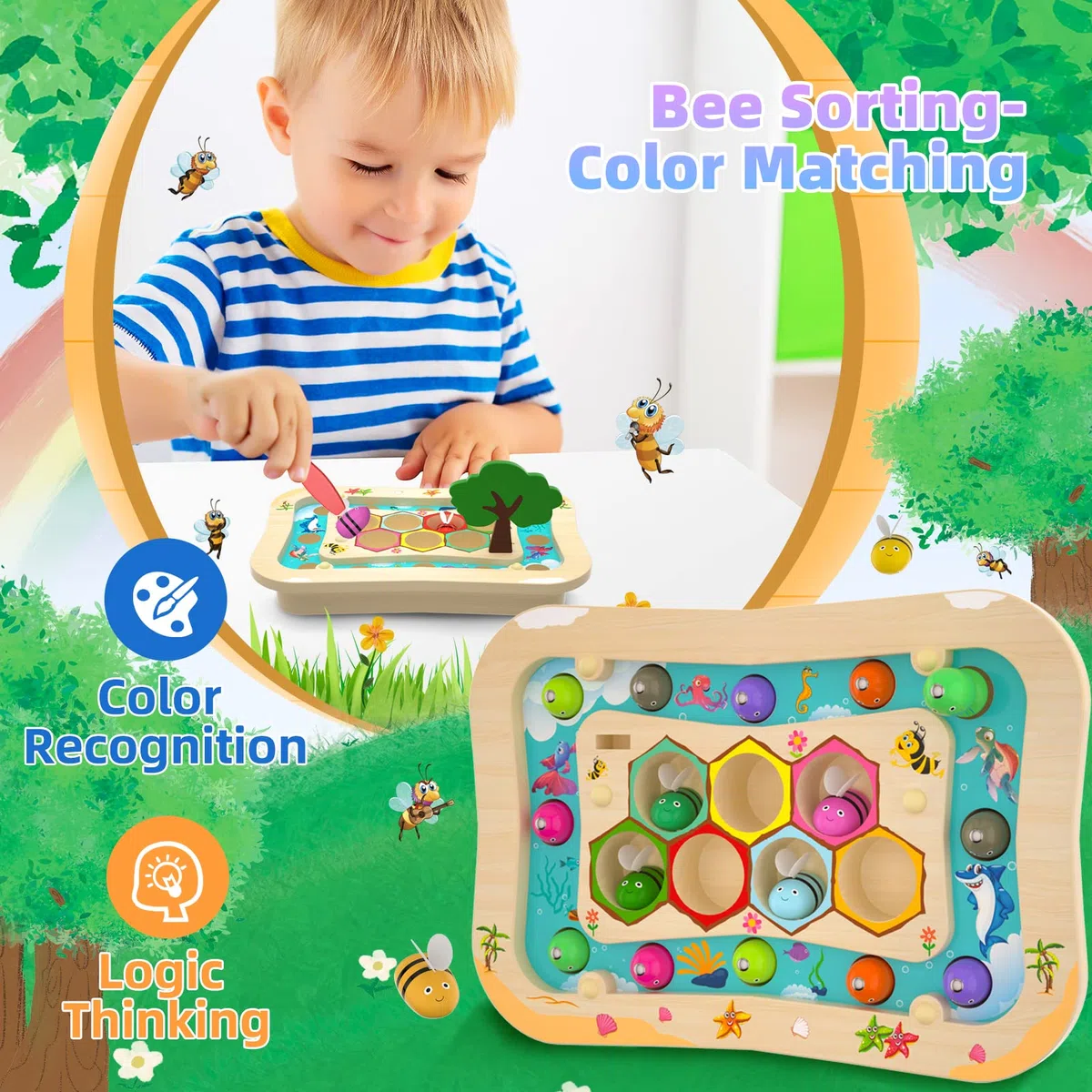 Uping Giochi Montessori Bambini di Pesca Magnetico in Legno, 2 in 1 Puzzle Educativo con 2 Canne da Pesca e Pinzetta per 3-5 Anni