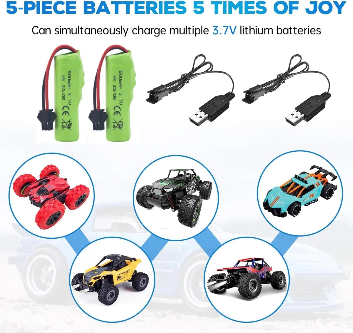 YUNIQUE GREEN-CLEAN-POWER - 2 Pezzi Batterie al Litio 3.7V 500mAh Compatibili con Auto DE35 DE38 DE40 DE50 TB202 TB201 TM201 TM202 TC141 DE44 DE55 RC con cavi USB Verde
