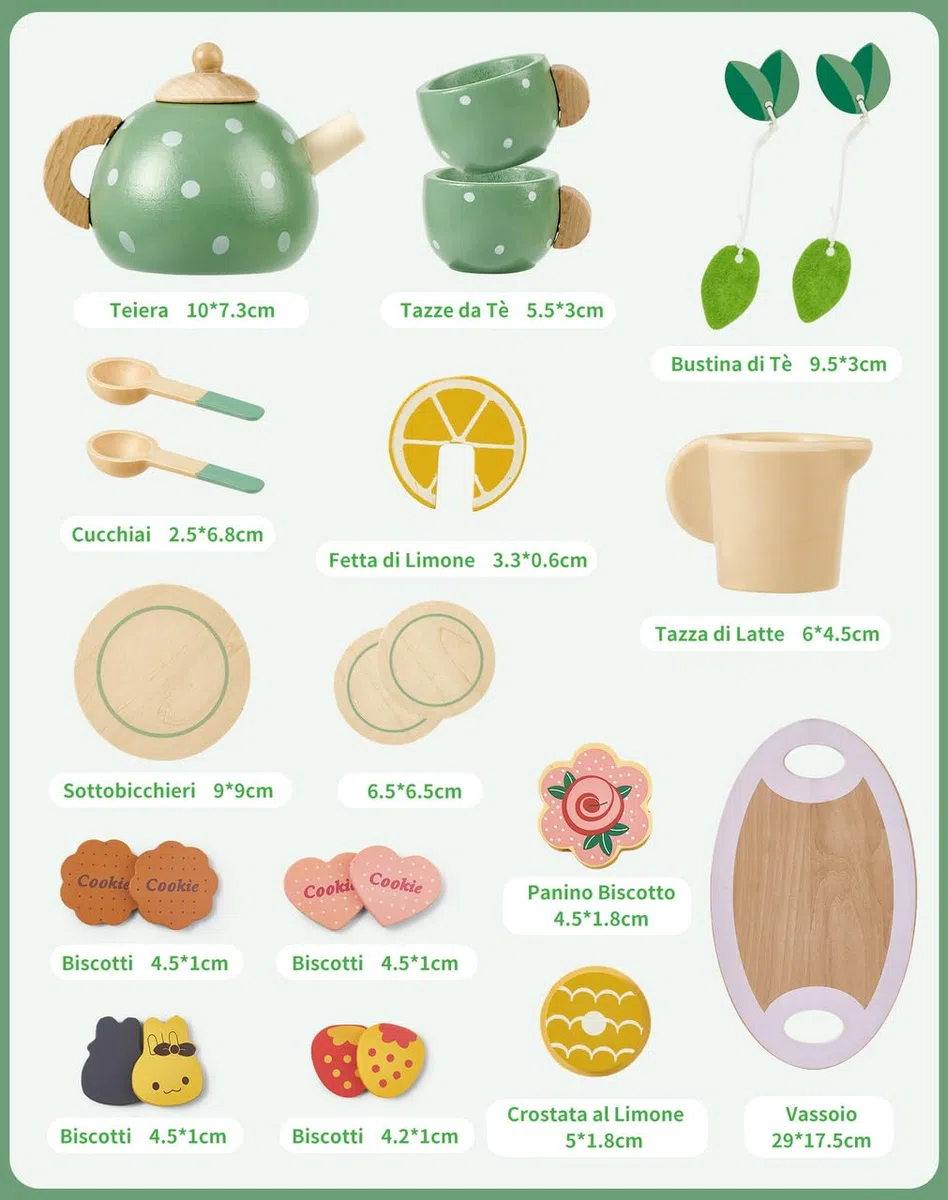 Set da Tè Giocattoli in Legno per Bambini 3-7 Anni Cucina Giocattolo Tea Party Educativi Montessori Gioco di Imitazione per Ragazze Regalo Compleanno Pasqua Halloween Natale per Bambina 3 4 5 6 Anni