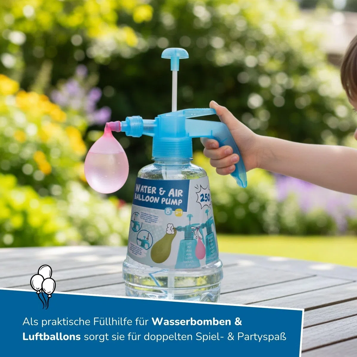 alldoro 60200 Pompa per bombe ad acqua o palloncini, per bambini a partire dagli 8 anni - Riempitore per palloncini con serbatoio da 1,5 l, aiuto per nodi e 250 palloncini